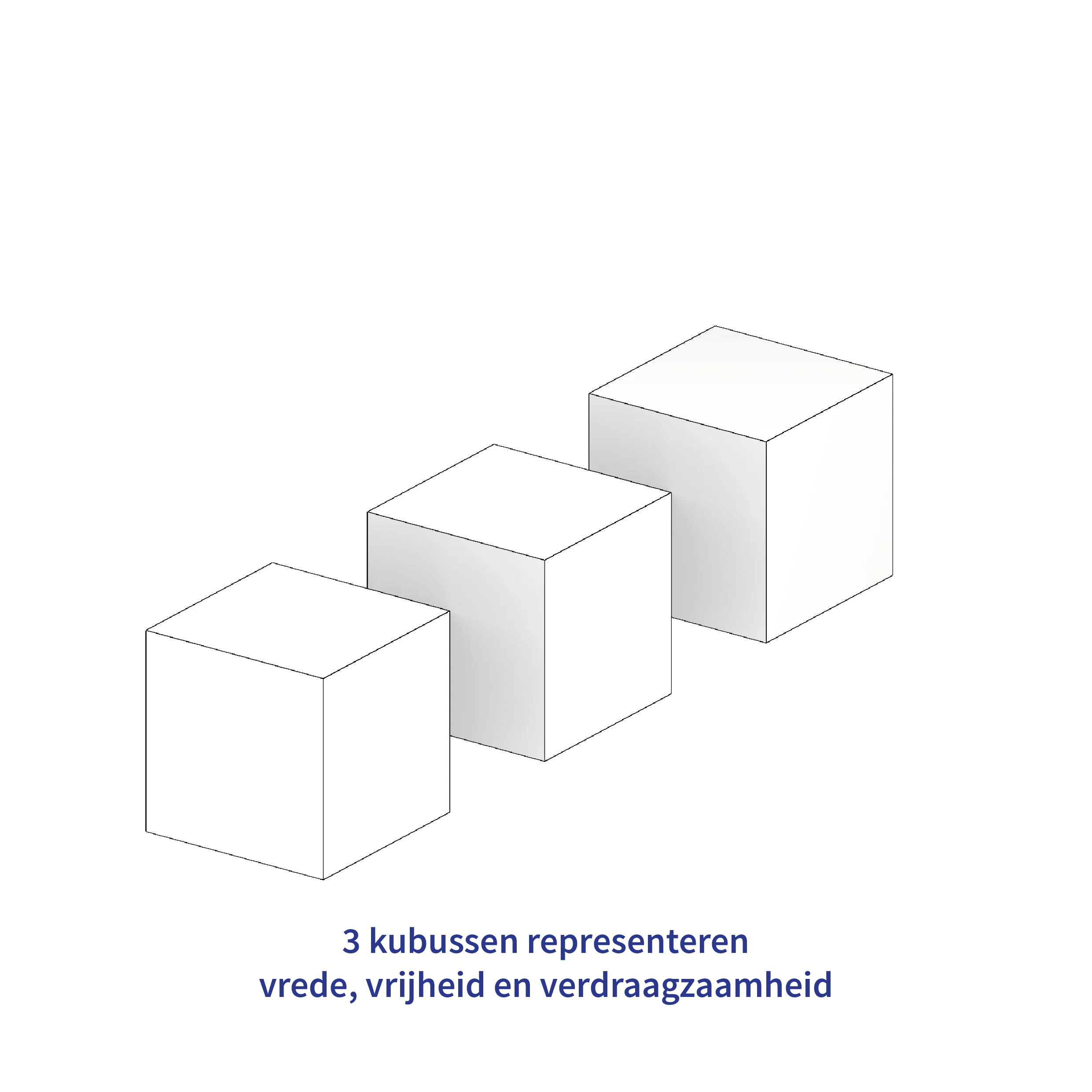 3 kubussen representeren vrede, vrijheid en verdraagzaamheid.