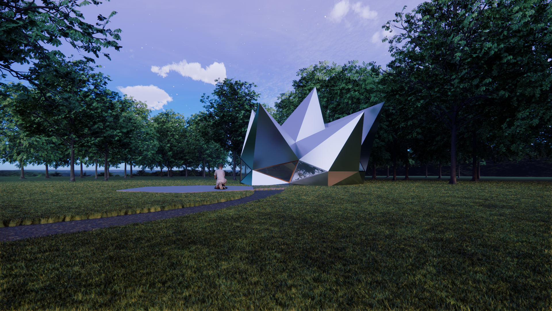 Visualisatie van de vakantiewoning bij zonsondergang.