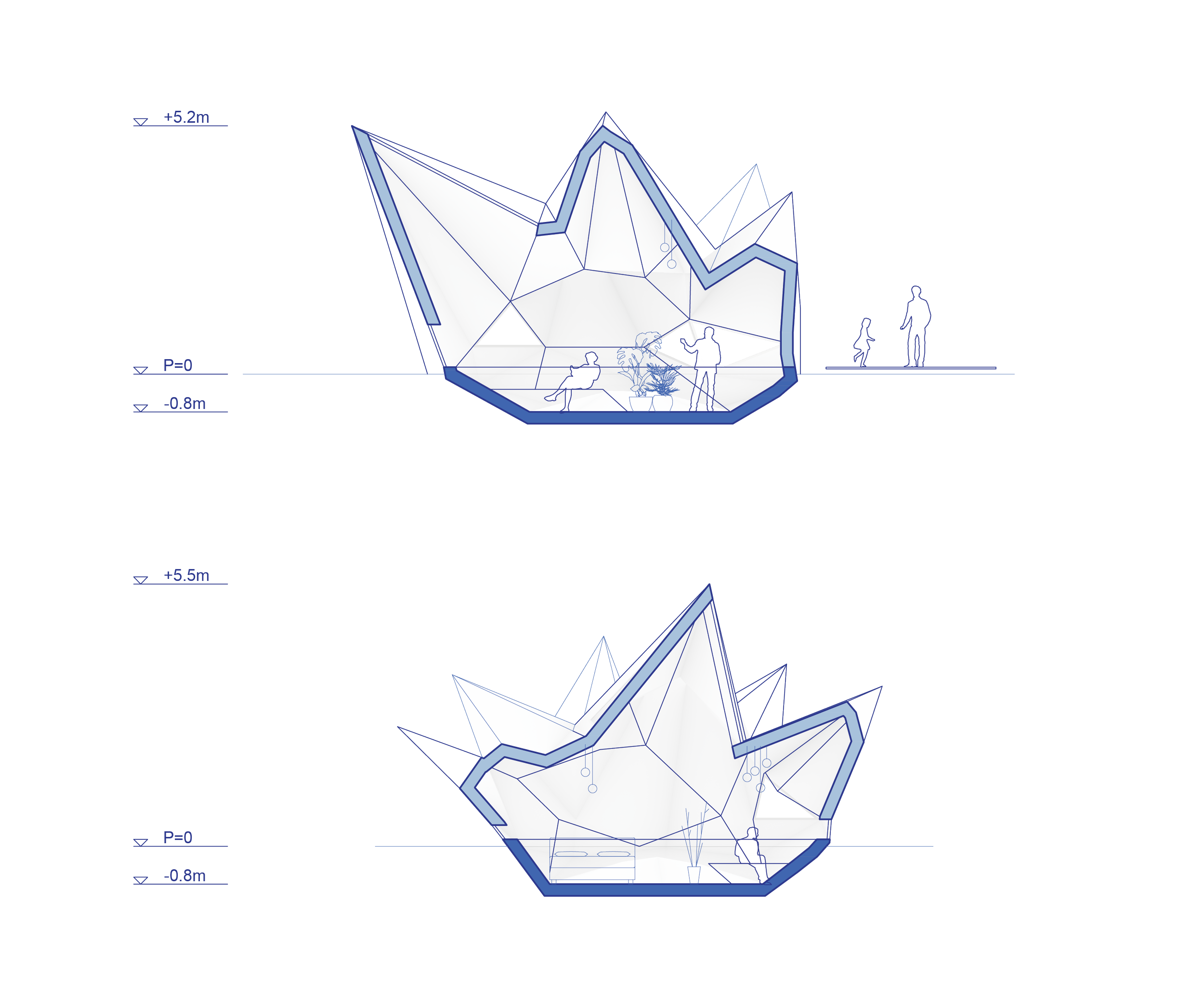 Doorsnedes van de folly en vakantiewoning