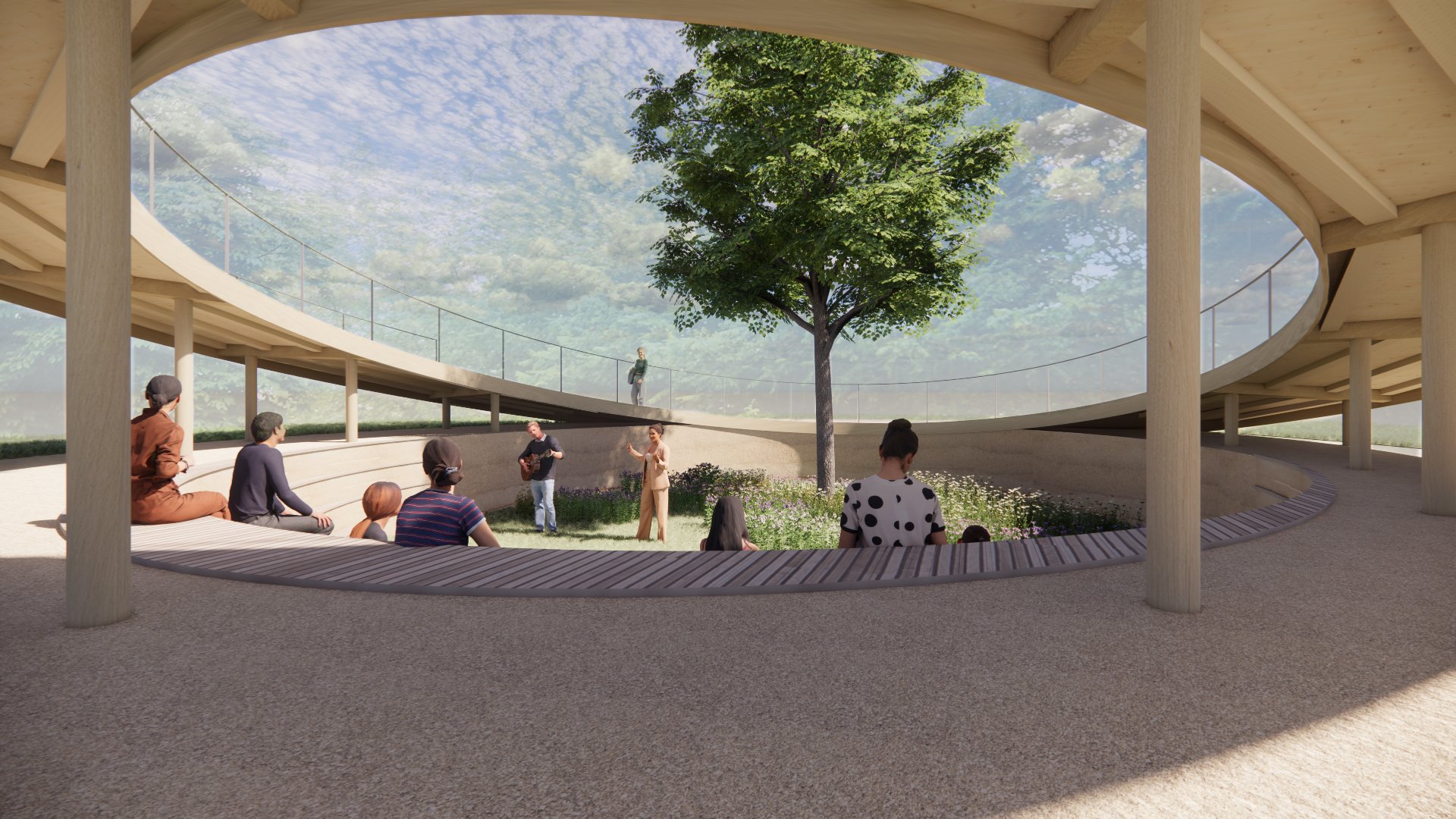 Onder het dek is een geborgen ruimte ontworpen, waarvanuit de boom in het middelpunt kan worden bewonderd