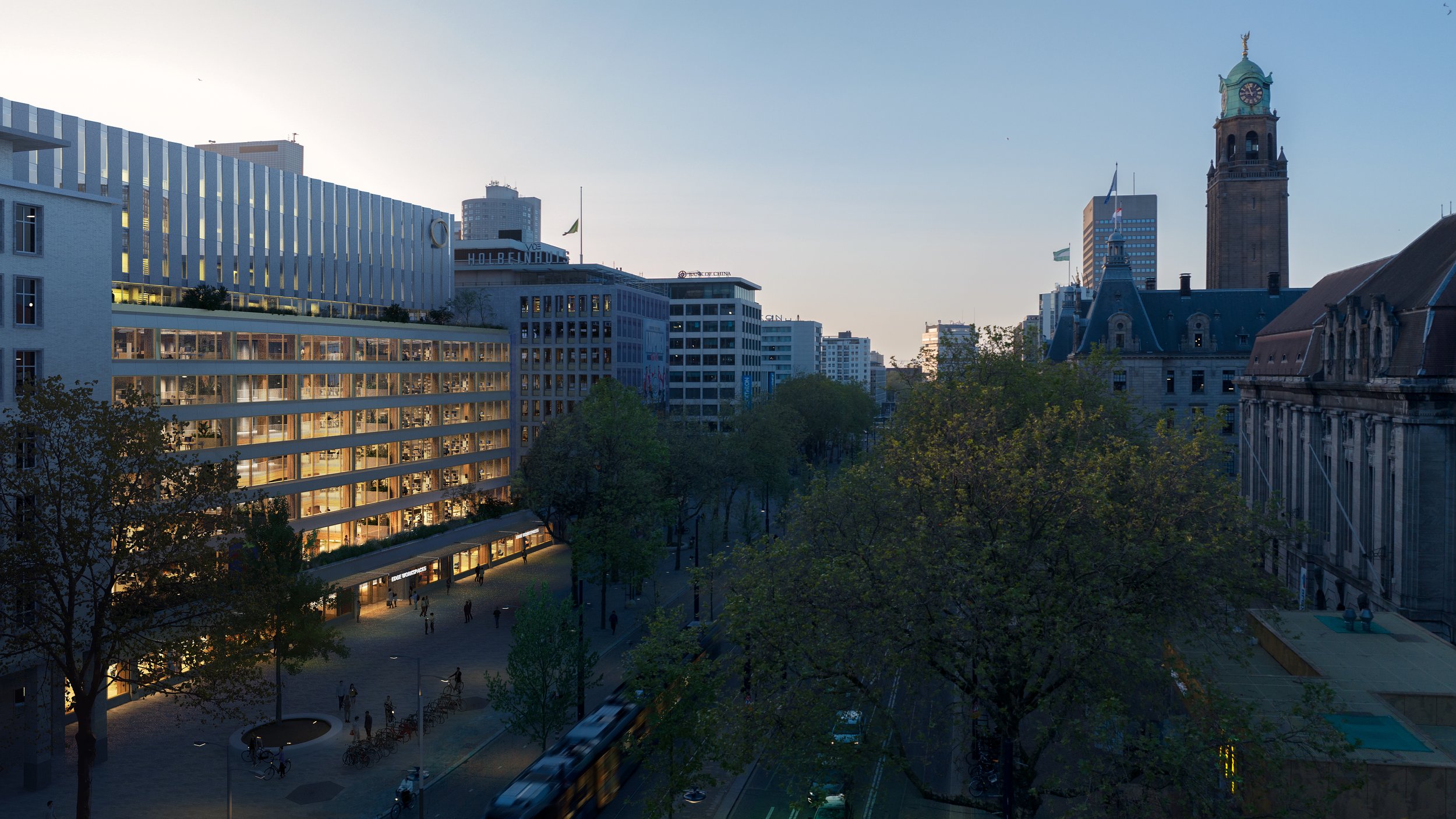 Visualisatie van kantoorgebouw EDGE Coolsingel bij zonsondergang. Binnen in het kantoor branden de lichten van het duurzame gebouw met houtconstructie