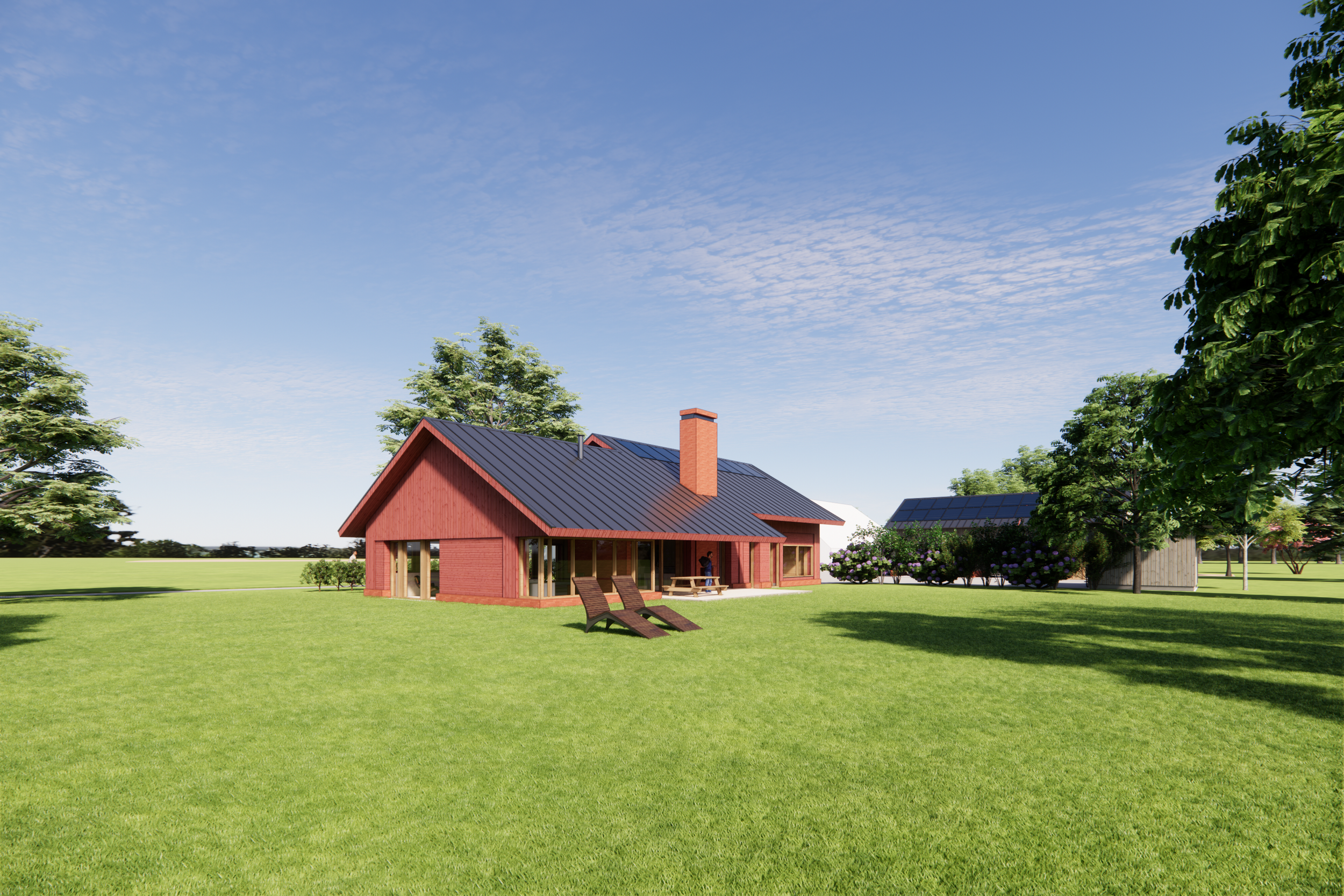 Het ontwerp van de woning is ruim en heeft centraal een haard met schoorsteen