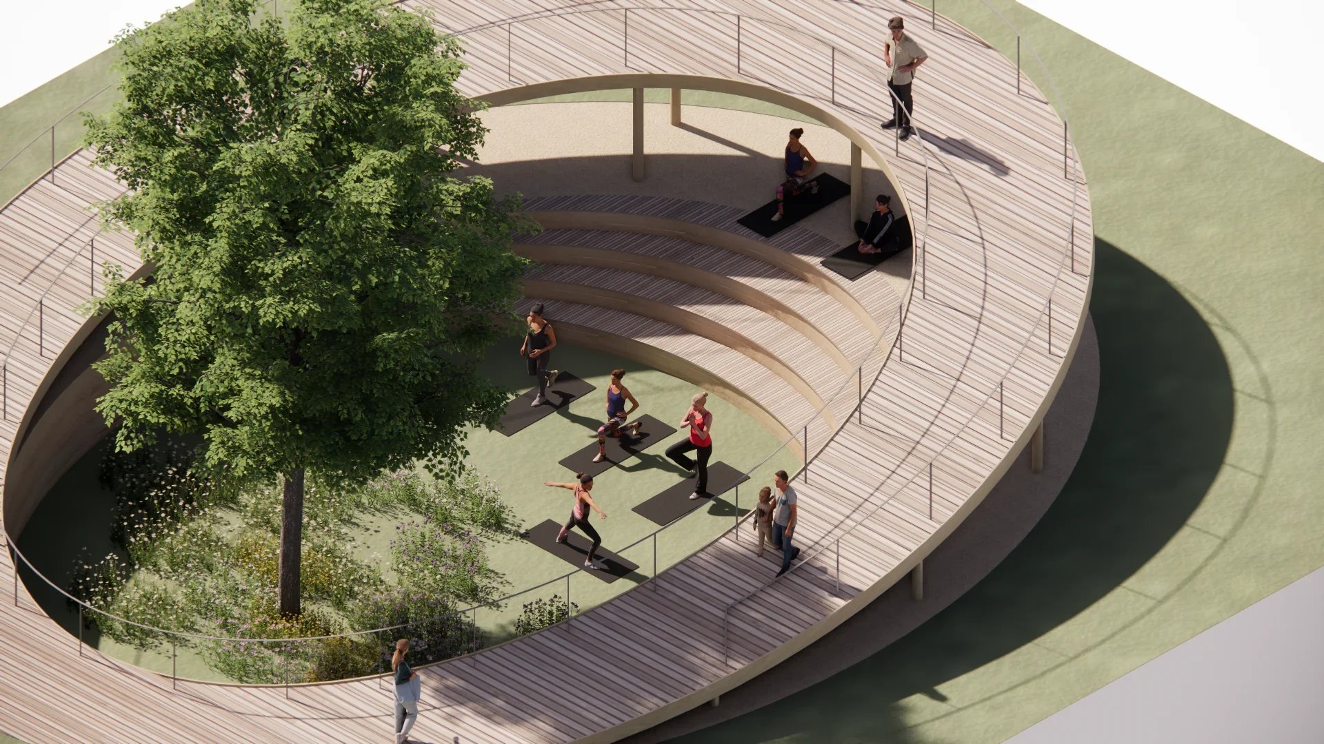 Ringvormig ontwerp van theater met boom in het midden.