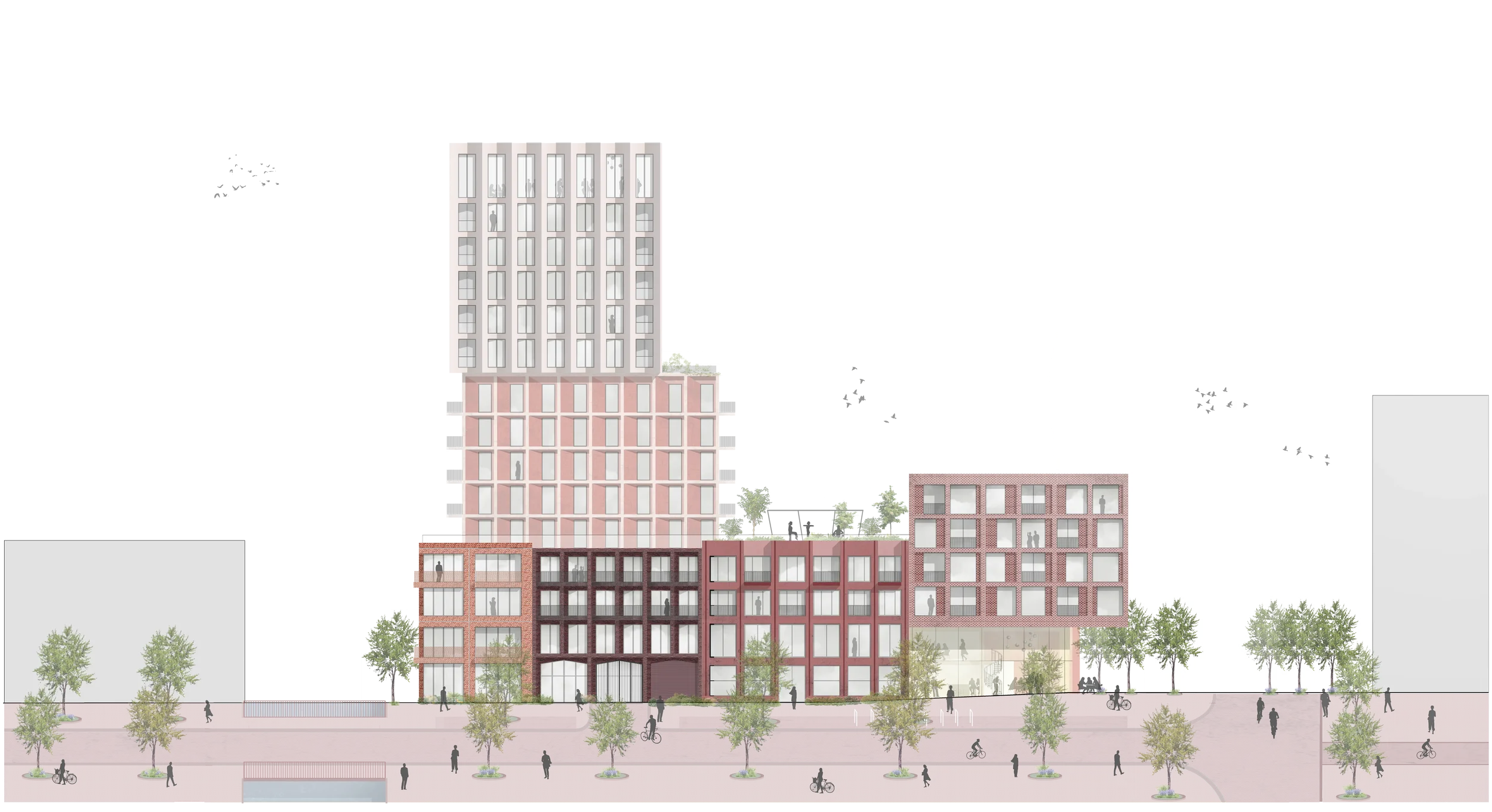 Gevelaanzicht gebouw Patchwork in de Sluisbuurt in Amsterdam. Ieder bouwdeel heeft een eigen identiteit en uitstraling, en heeft andere woningtypes voor verschillende doelgroepen en bewoners.