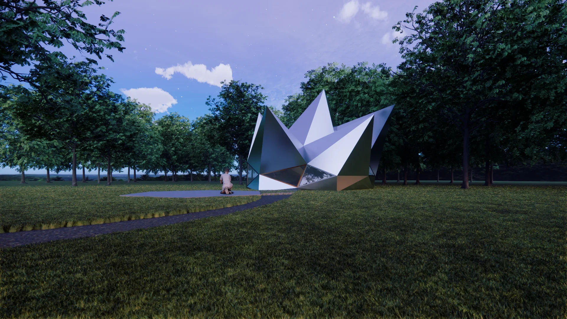 Visualisatie van de vakantiewoning bij zonsondergang. Het moderne en uitgesproken ontwerp past bij de historie van de plek.