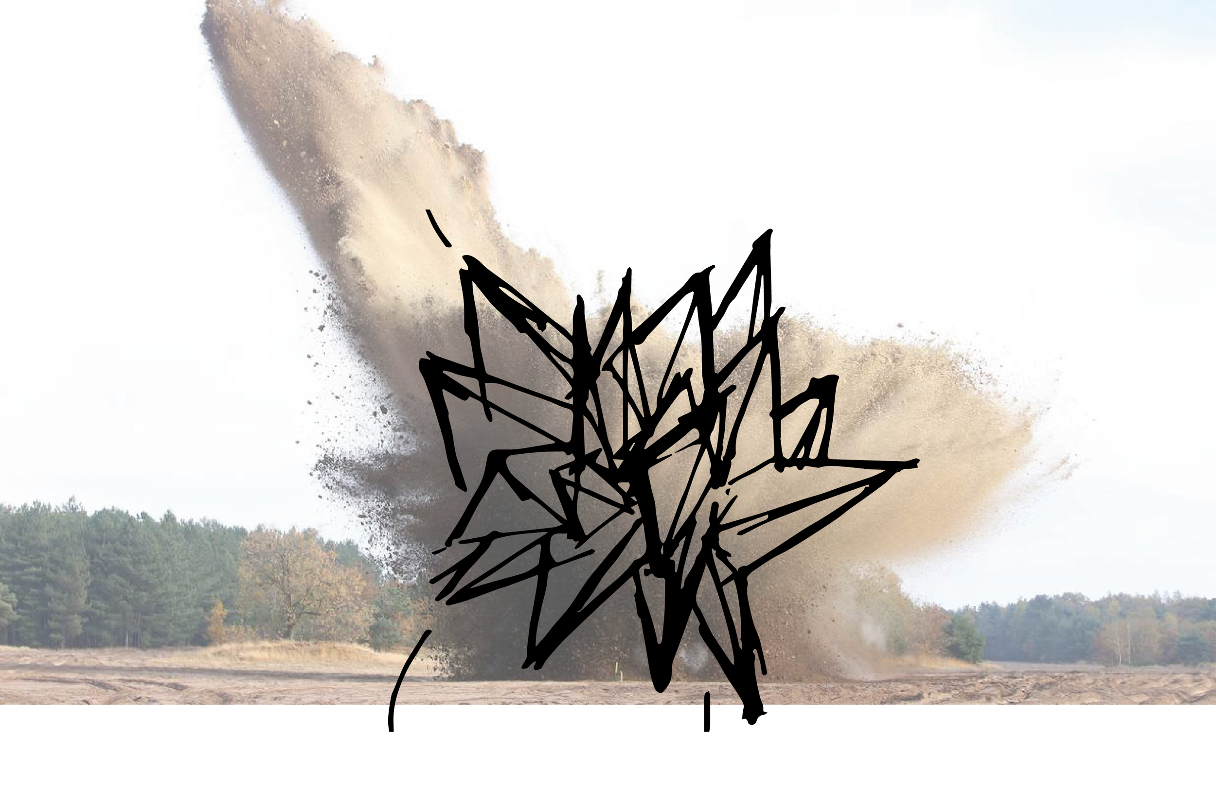 De handschets van de architect van een explosie op de inslag van een bom.