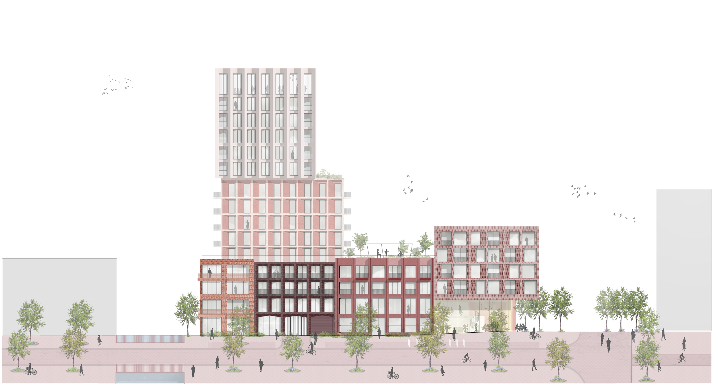 Gevelaanzicht gebouw Patchwork in de Sluisbuurt in Amsterdam. Ieder bouwdeel heeft een eigen identiteit en uitstraling, en heeft andere woningtypes voor verschillende doelgroepen en bewoners.