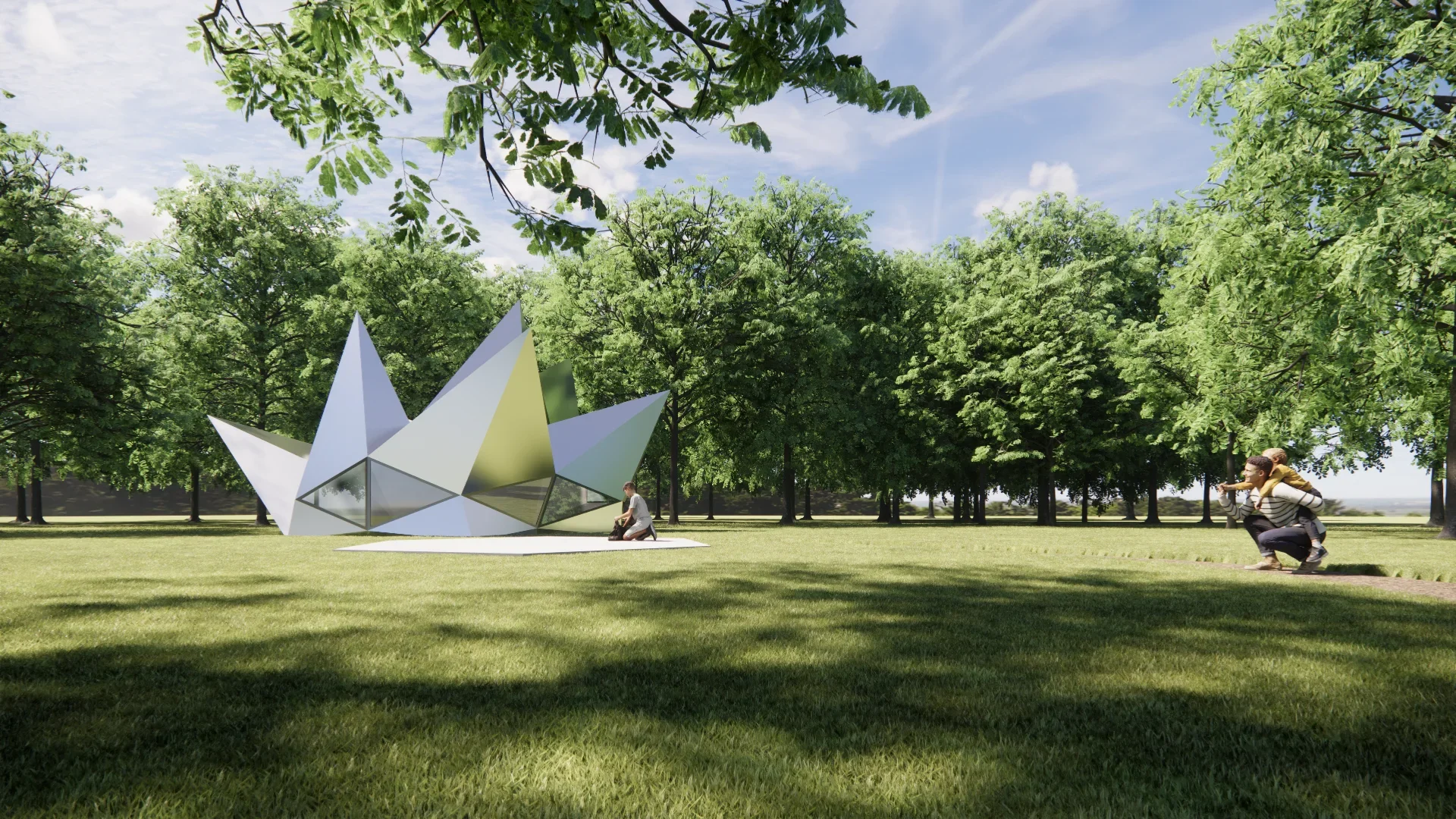 Visualisatie van de vakantiewoning overdag. Metalen prisma's schieten als een bominslag uit de grond.