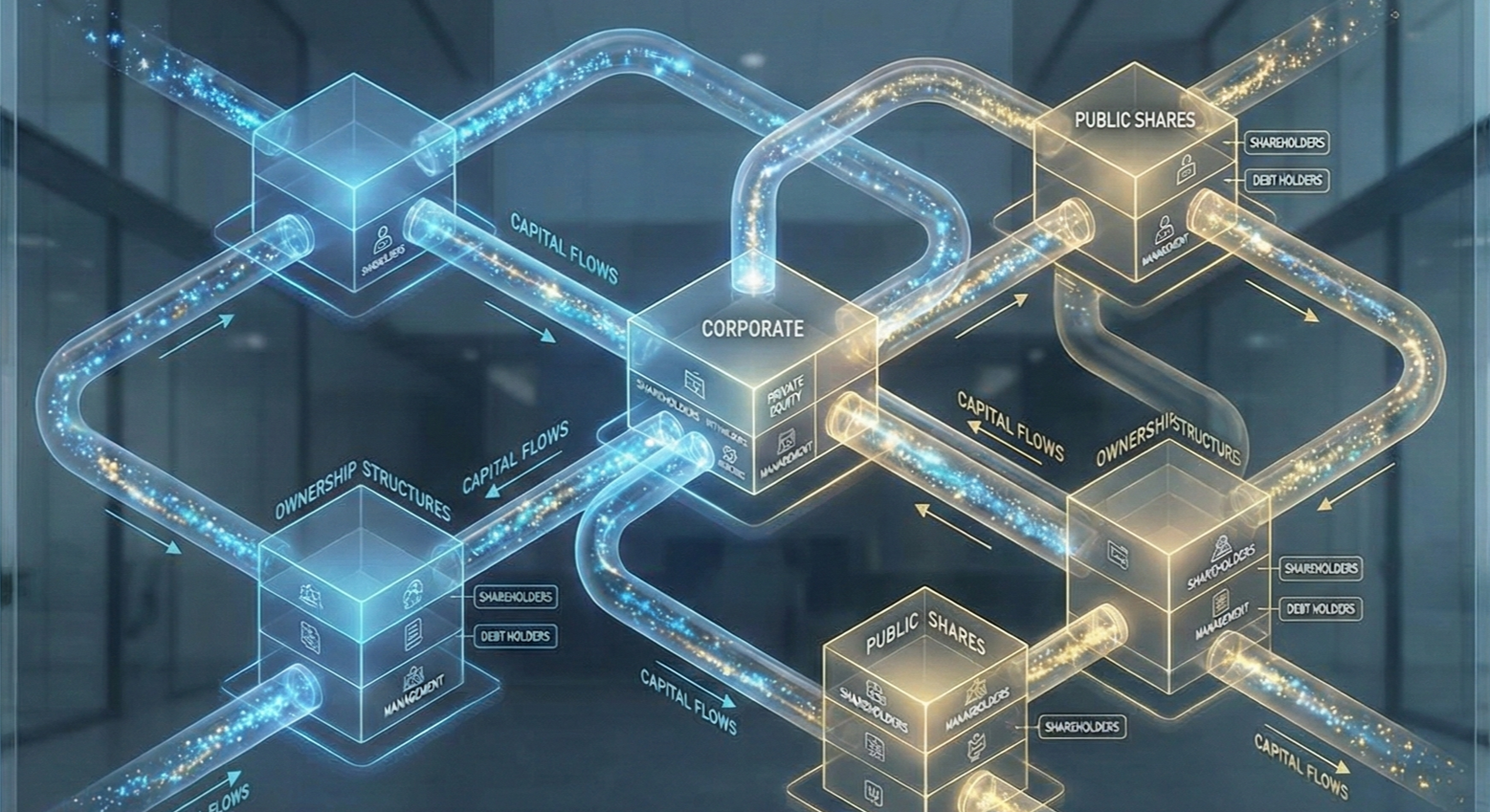 A digital diagram illustrating a blockchain or financial data network with interconnected cubes labeled assets such as 'public shares', 'corporate', and 'ownership structures', with arrows indicating flows of capital, ownership, and management among the cubes.