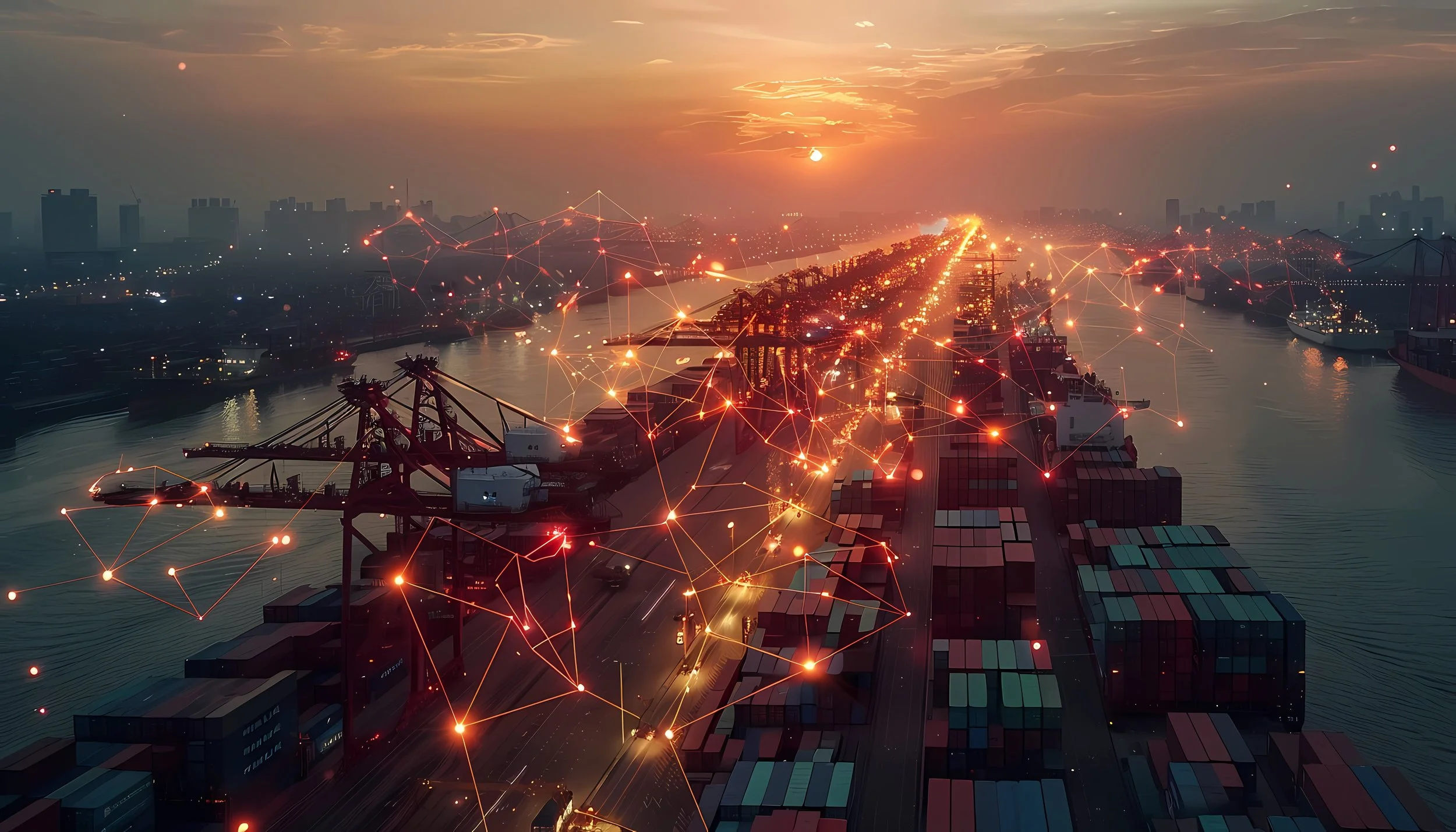 Aerial view of a busy shipping port at sunset with containers, cranes, water, and a city skyline in the background. Overlaid with digital network graphics.