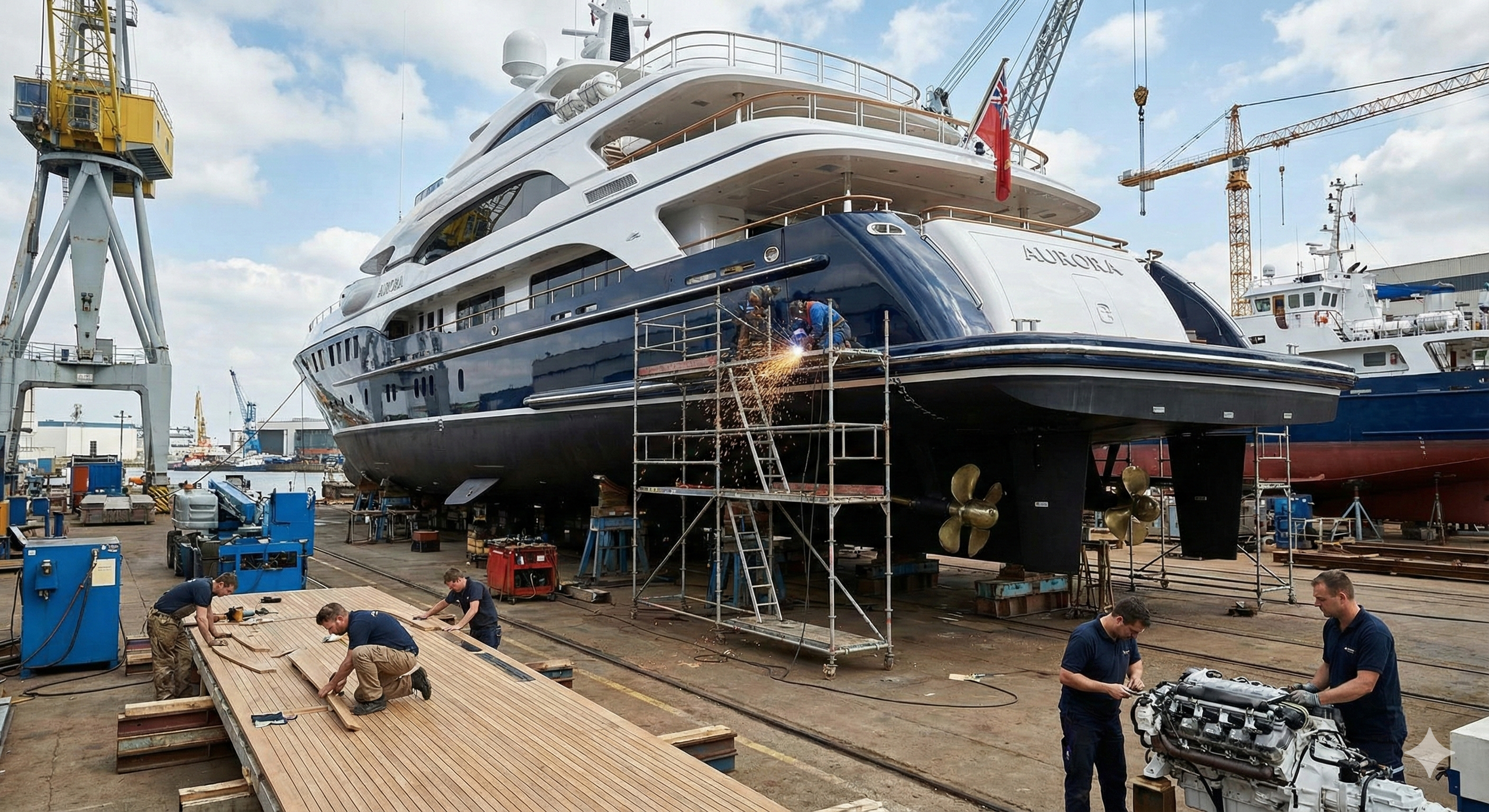 Workers building and repairing a luxury yacht in a shipyard, with cranes and other ships in the background.