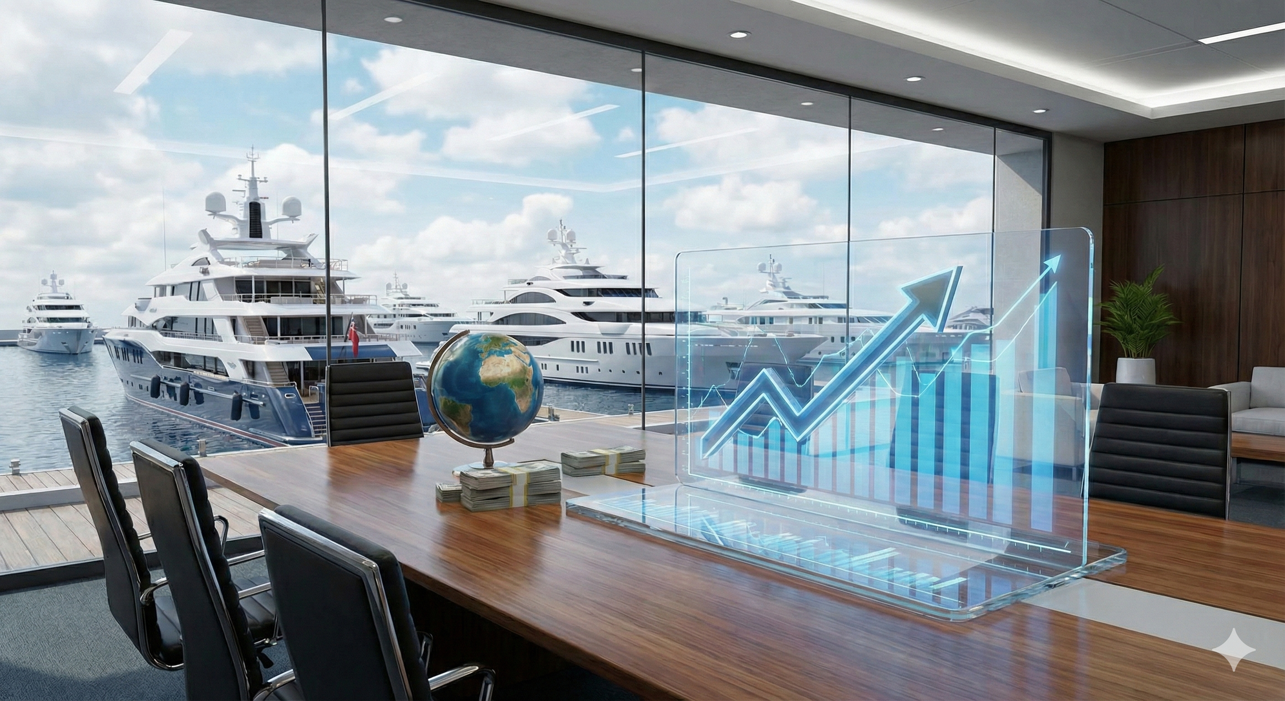 A corporate conference room with a large wood table, black leather chairs, and a view of yachts docked outside through a glass wall. There is a globe, stacks of money, and a holographic display with upward trending graphs on the table.