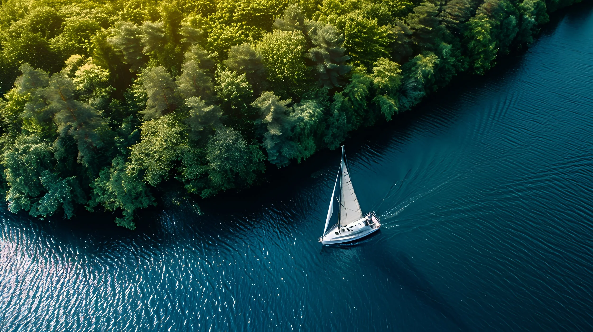 An aerial view of a sailboat on a calm body of water next to a lush, green forested shoreline.