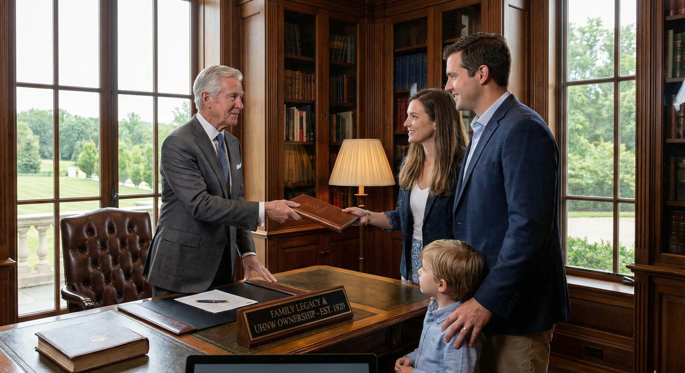 A man and a woman are being handed a document by an elderly man in a formal office with wooden bookshelves and large windows showing a green landscape. A young boy stands near the man. The sign on the desk reads "Family Legacy & UHNW Ownership - Est. 1920."