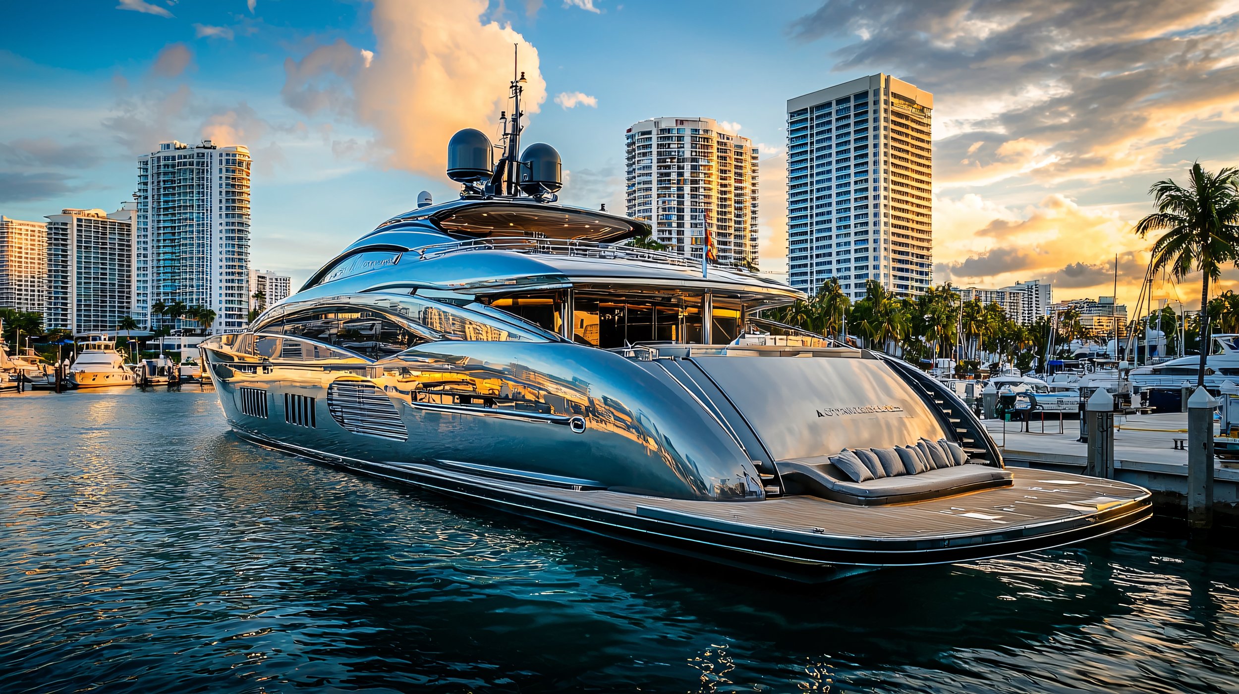A luxury yacht docked in a marina with high-rise buildings and palm trees in the background during sunset.