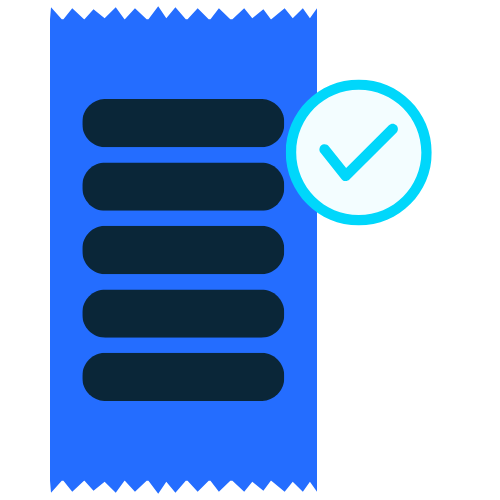 A blue receipt with five horizontal lines and a white circle with a blue checkmark on the right side.