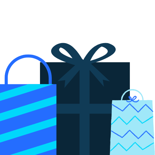 Three gift bags, one dark blue with a bow, and two light blue with zigzag patterns, on a black background.