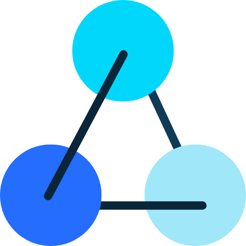 An illustration of a molecule with three connected circles, each a different shade of blue, connected by lines.