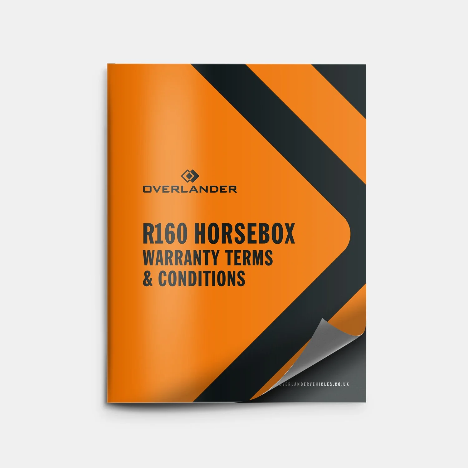Cover page of Overlander R160 Horsebox warranty terms and conditions booklet with orange and black geometric design.