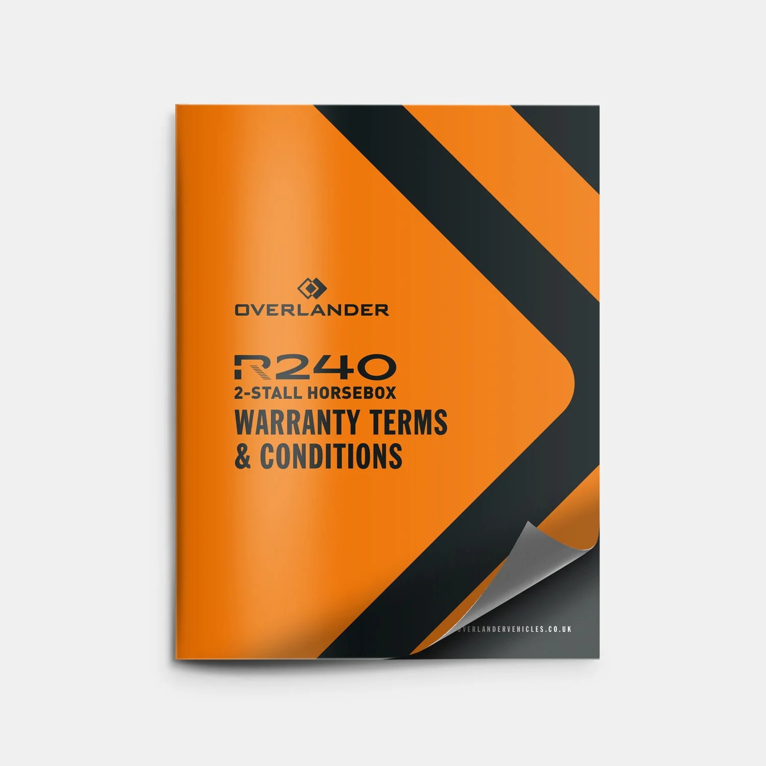 Cover page of warranty terms and conditions document for Overlander R240 2-stall horsebox, featuring an orange and black design.