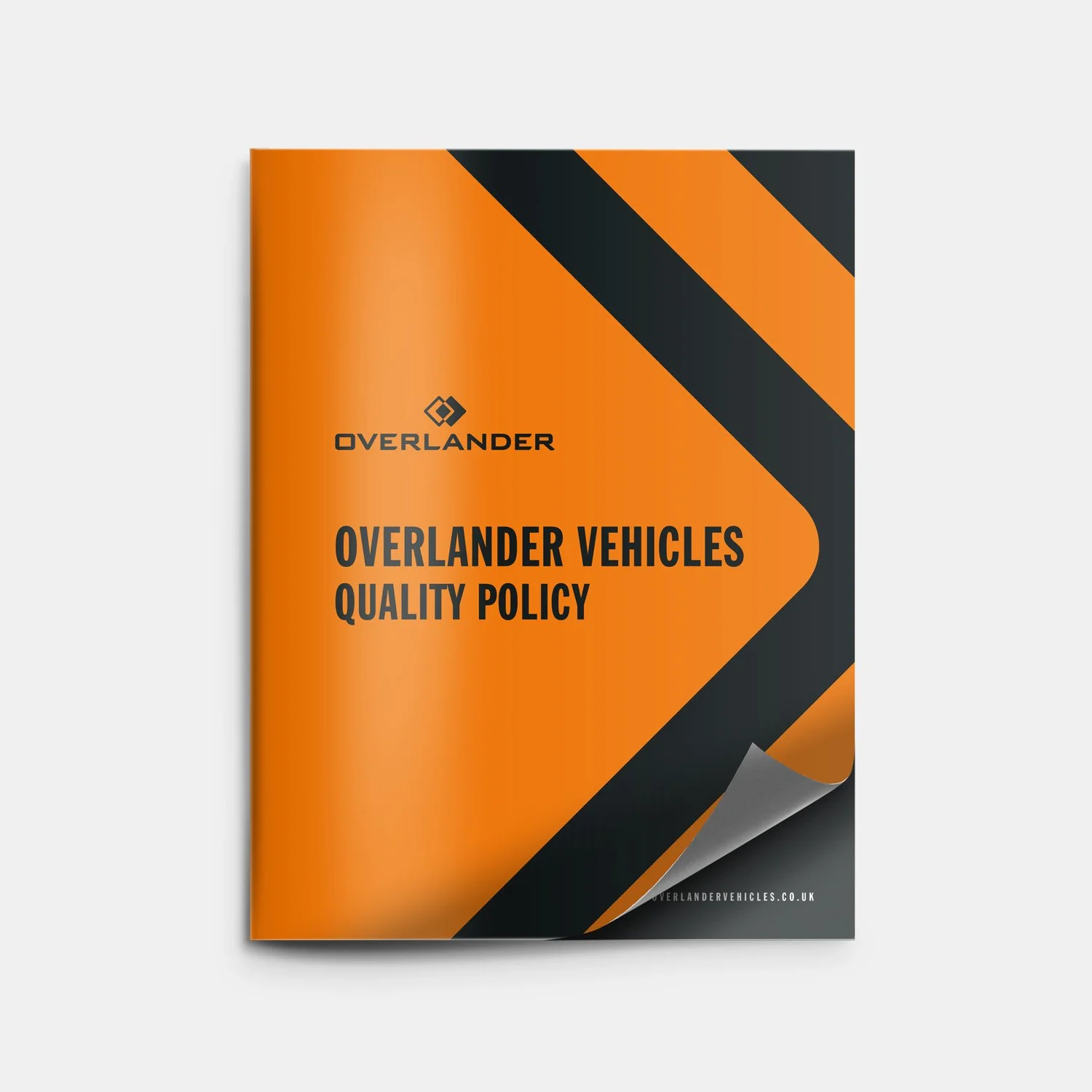 Cover of Overlander Vehicles Quality Policy booklet with orange and black design.