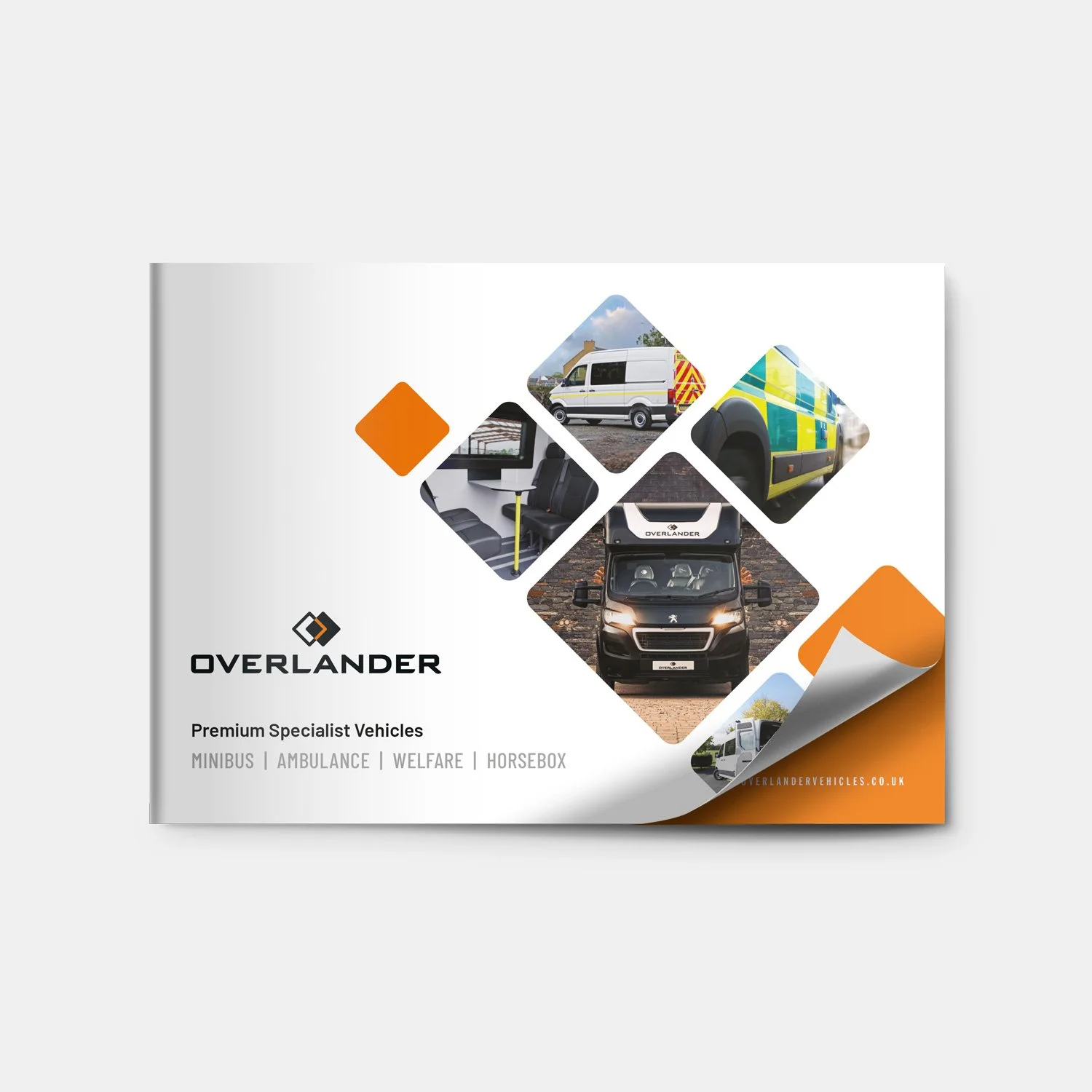 Brochure for Overlander featuring images of various specialist vehicles including minibus, ambulance, welfare vehicle, and horsebox, with the company logo and website.
