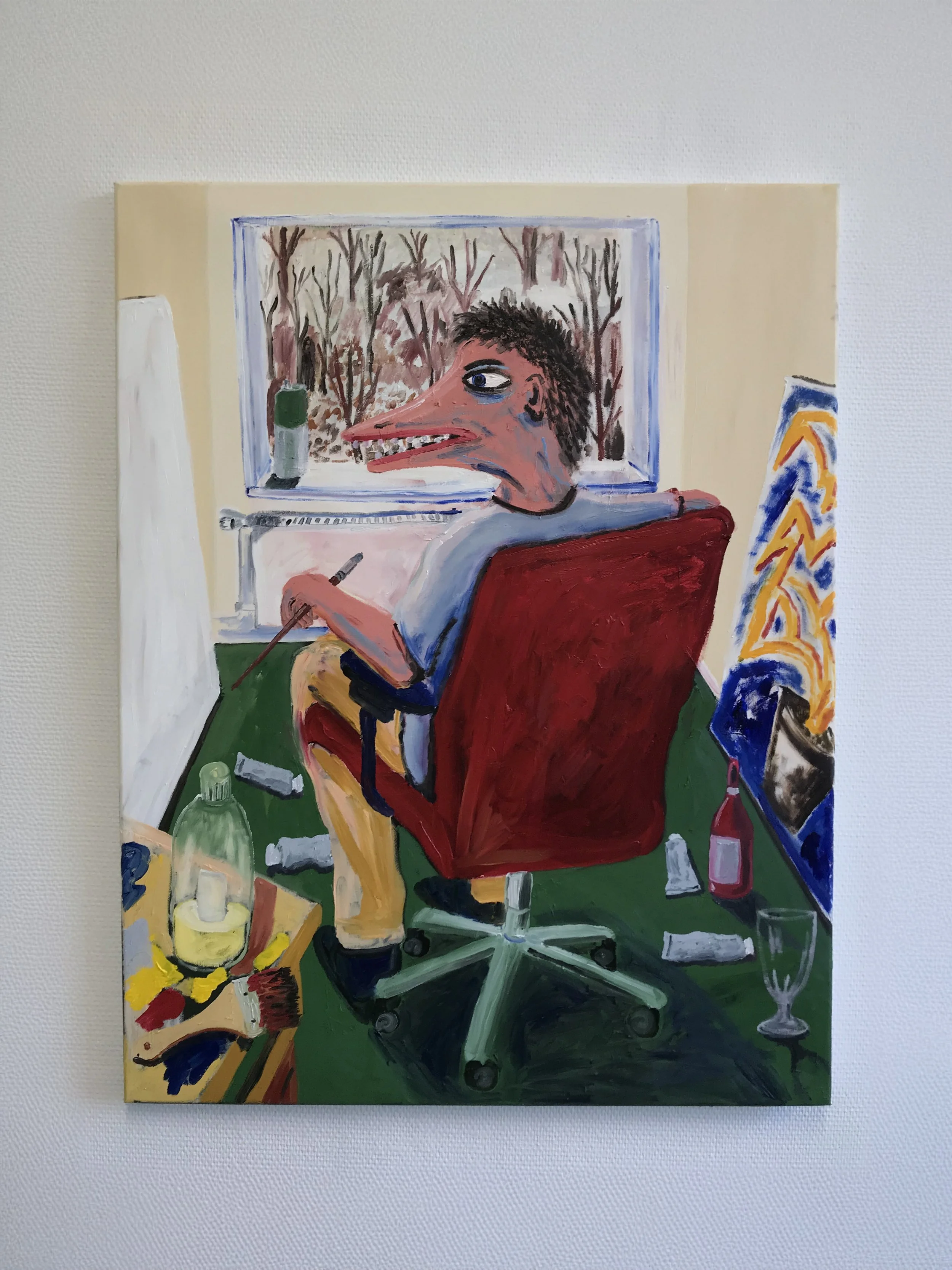 A surreal painting of a person with a large, elongated nose sitting in a red office chair, holding a cigarette, with a window showing a winter scene in the background. The room has scattered bottles, a glass, and a colorful towel or cloth on the right.