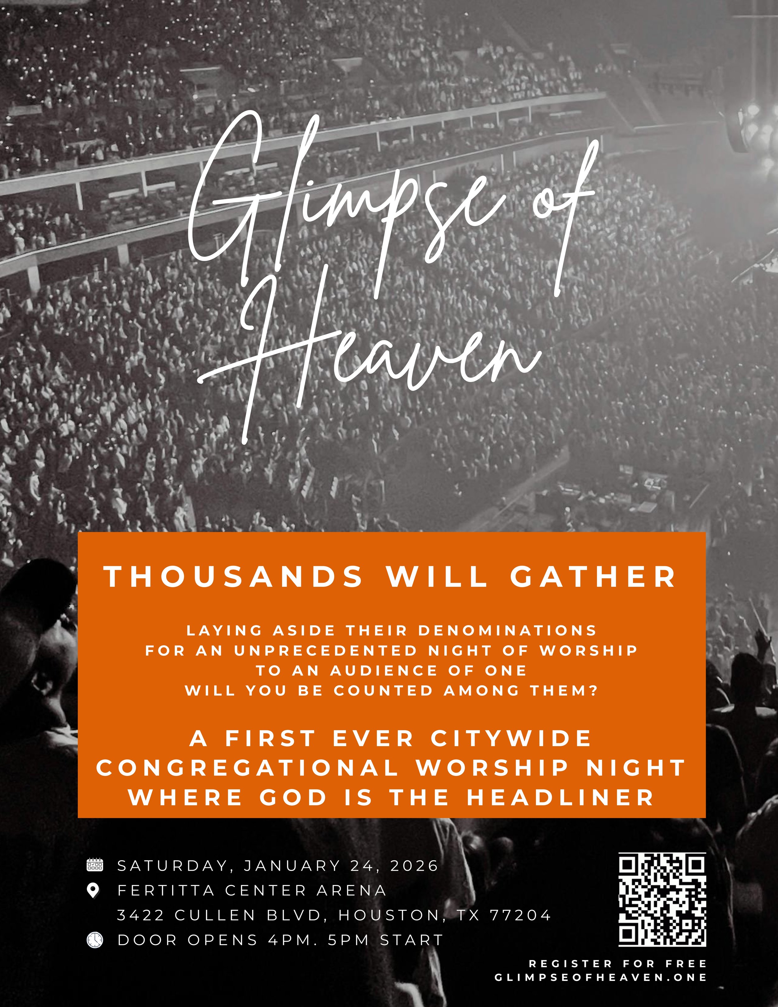 Event poster advertising a citywide congregational worship night on January 24, 2026, at Fertitta Center Arena in Houston, Texas, with a black-and-white background of a crowded auditorium and a bright spotlight, featuring a QR code and event details.