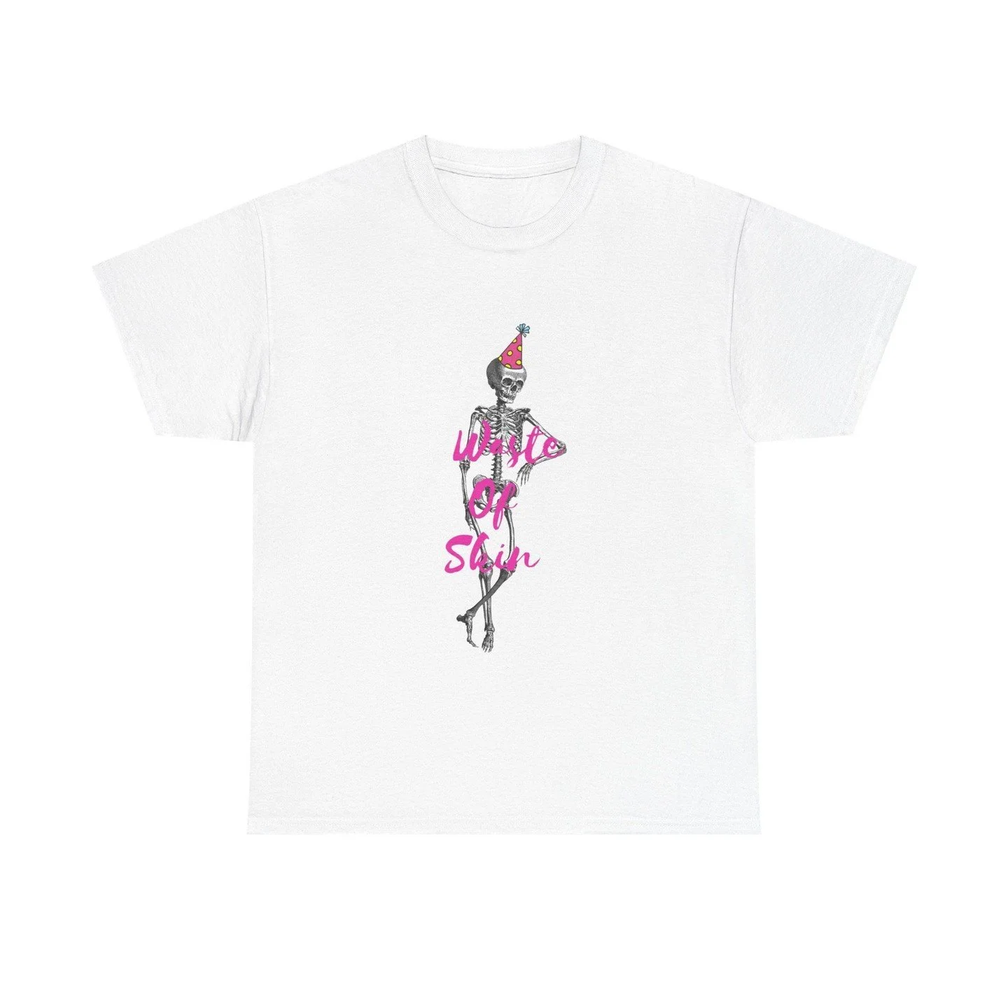 This tee wears its dark humor loud and proud. A compact skeleton graphic and the blunt phrase &ldquo;waste of skin&rdquo; sit center chest, flipping sarcasm into a badge for anyone who loves grim wit.💀 🩷 
100% cotton.
Available in a range of colour