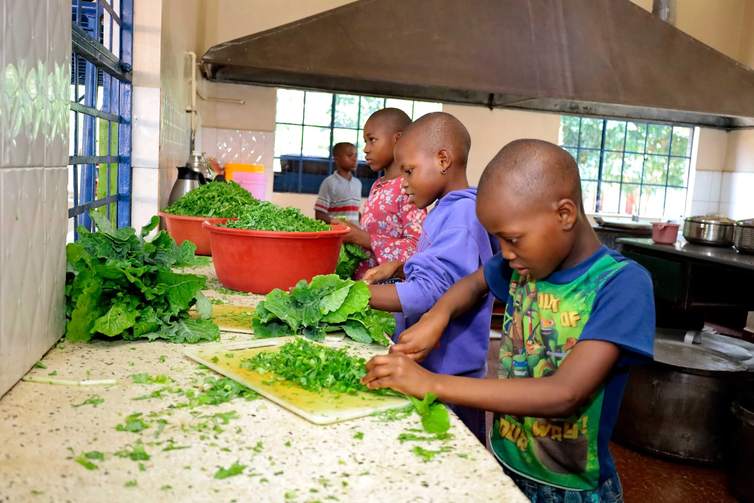 Children cooking and chopping fresh greens in a kitchen.