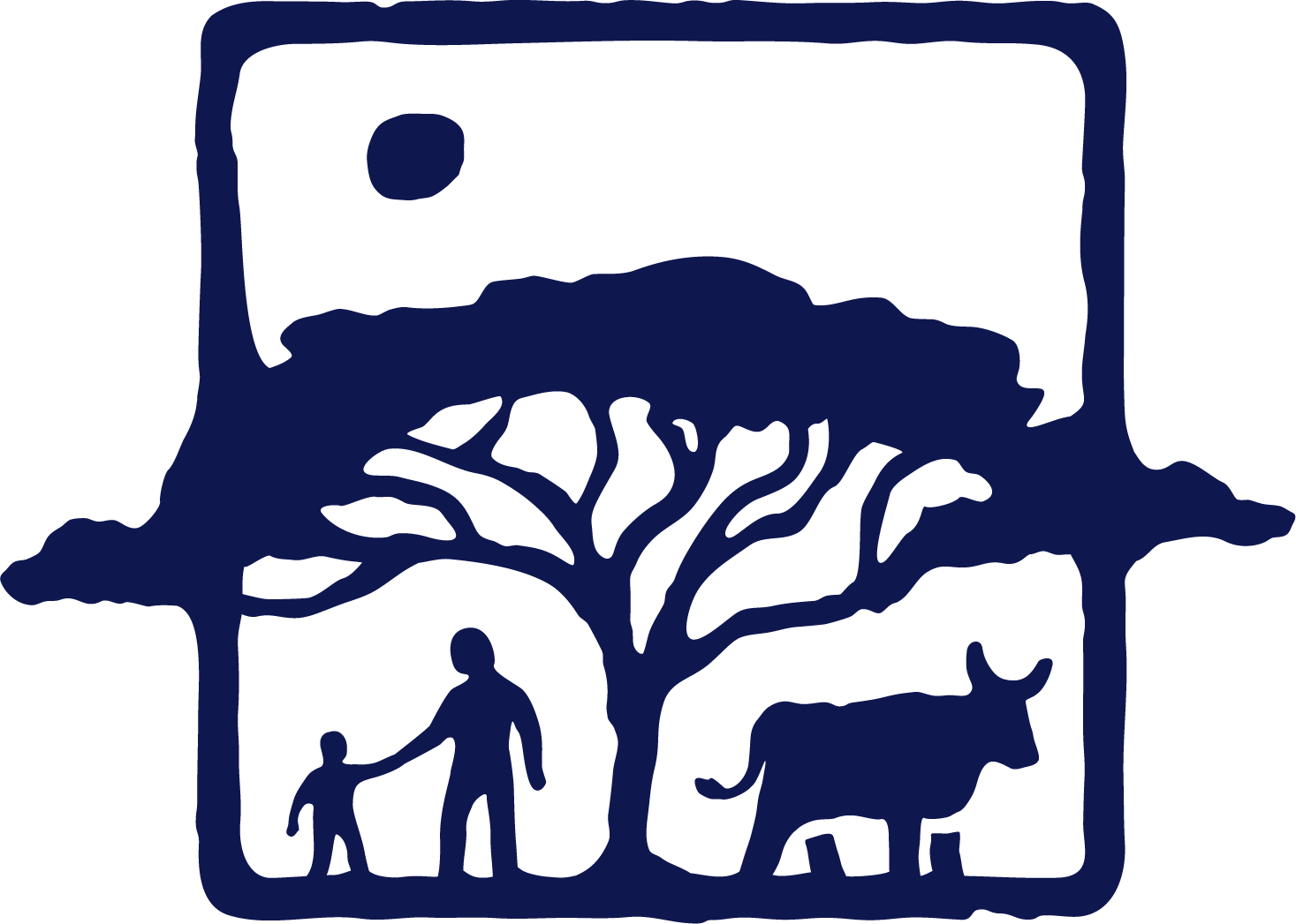 Silhouette of a person holding a child's hand, a dog, a tree, and a large rectangle frame, all in dark blue.