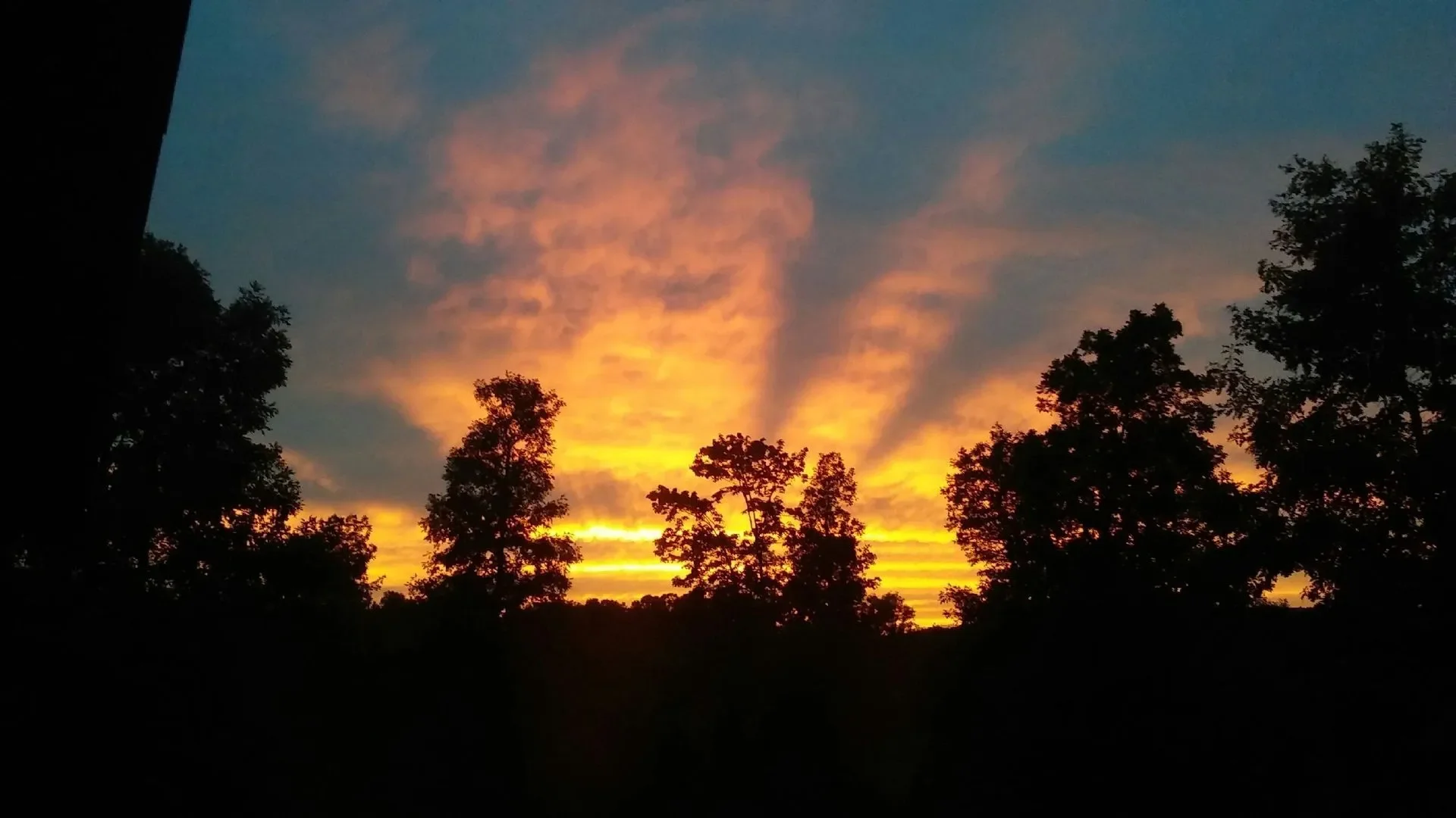 Sunset sky with vibrant orange, yellow, and blue colors, silhouetted trees in the foreground, and streaks of sunlight radiating through clouds.