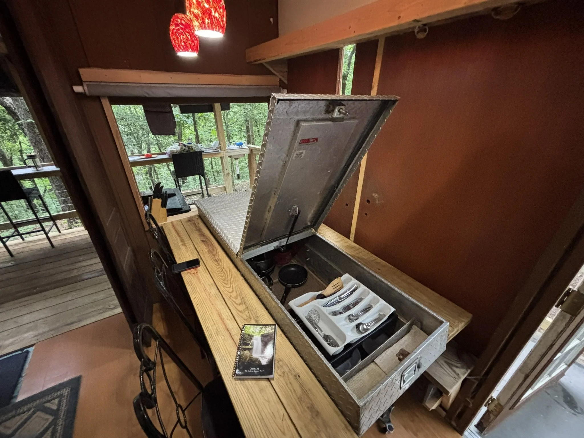 Dining Room Table built around a truck toolbox.  Holds everything you need for cooking and eating.