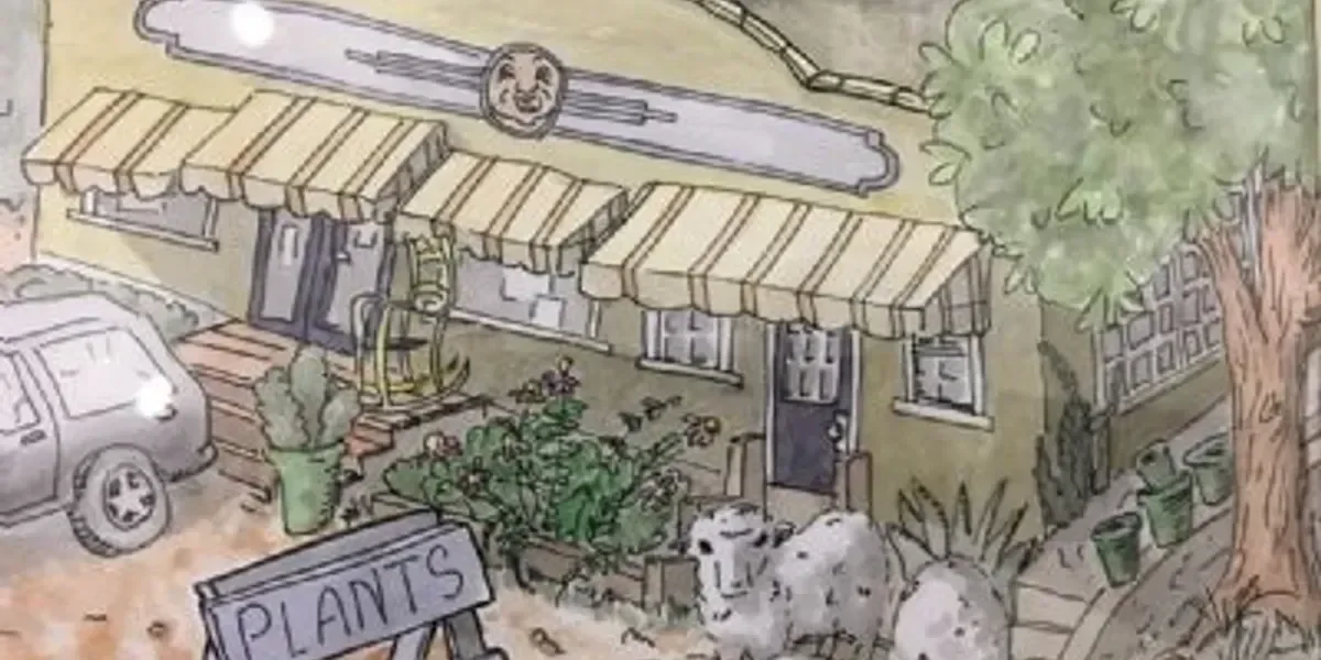 Drawing of a storefront with a striped awning, a sign that says "PLANTS," a parked car, a tree, and two sheep outside.