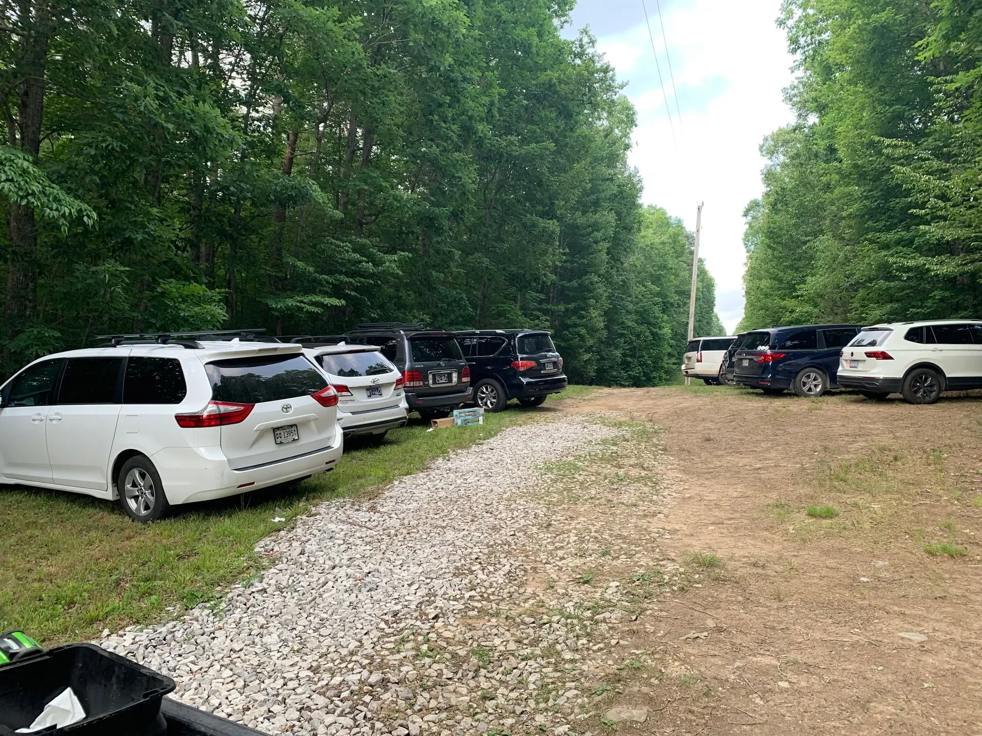 Multiple cars parked on grassy and dirt areas beside a wooded forest, with one gravel path in the middle.