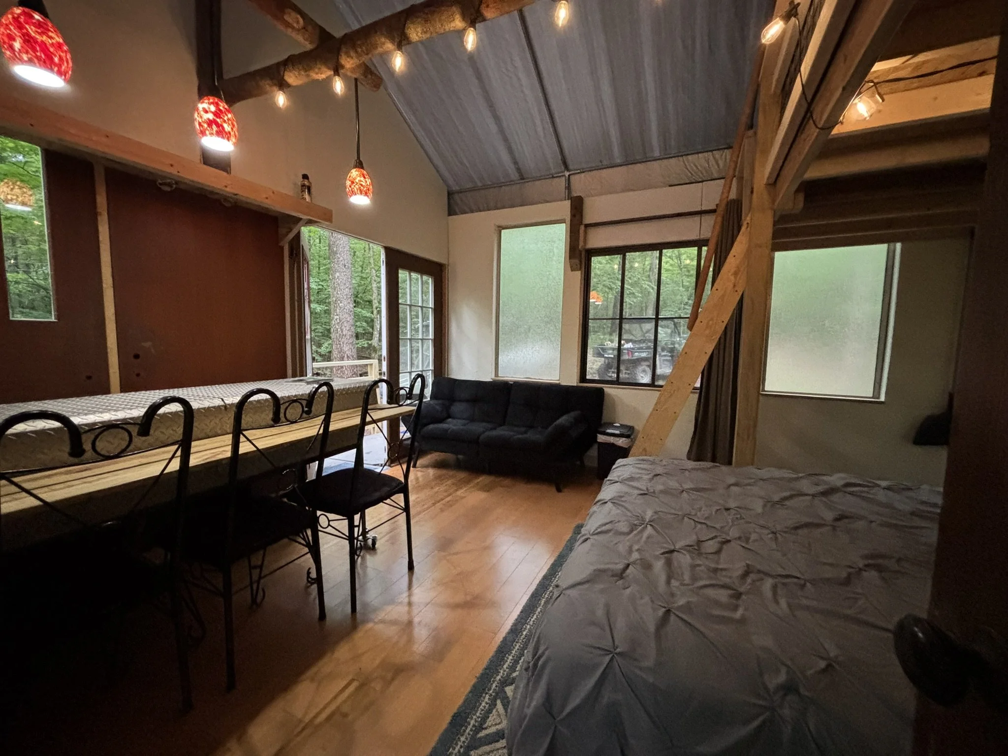Interior of tiny glamping house