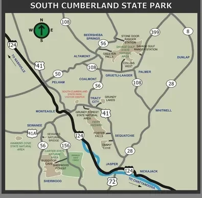 Map of South Cumberland State Park in Tennessee, showing highways, nearby towns, and natural features like lakes and forests.
