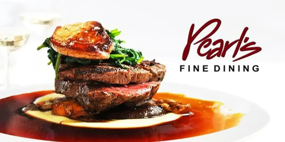 A plated steak dish with vegetables and sauce, restaurant branding for Pearl's Fine Dining.