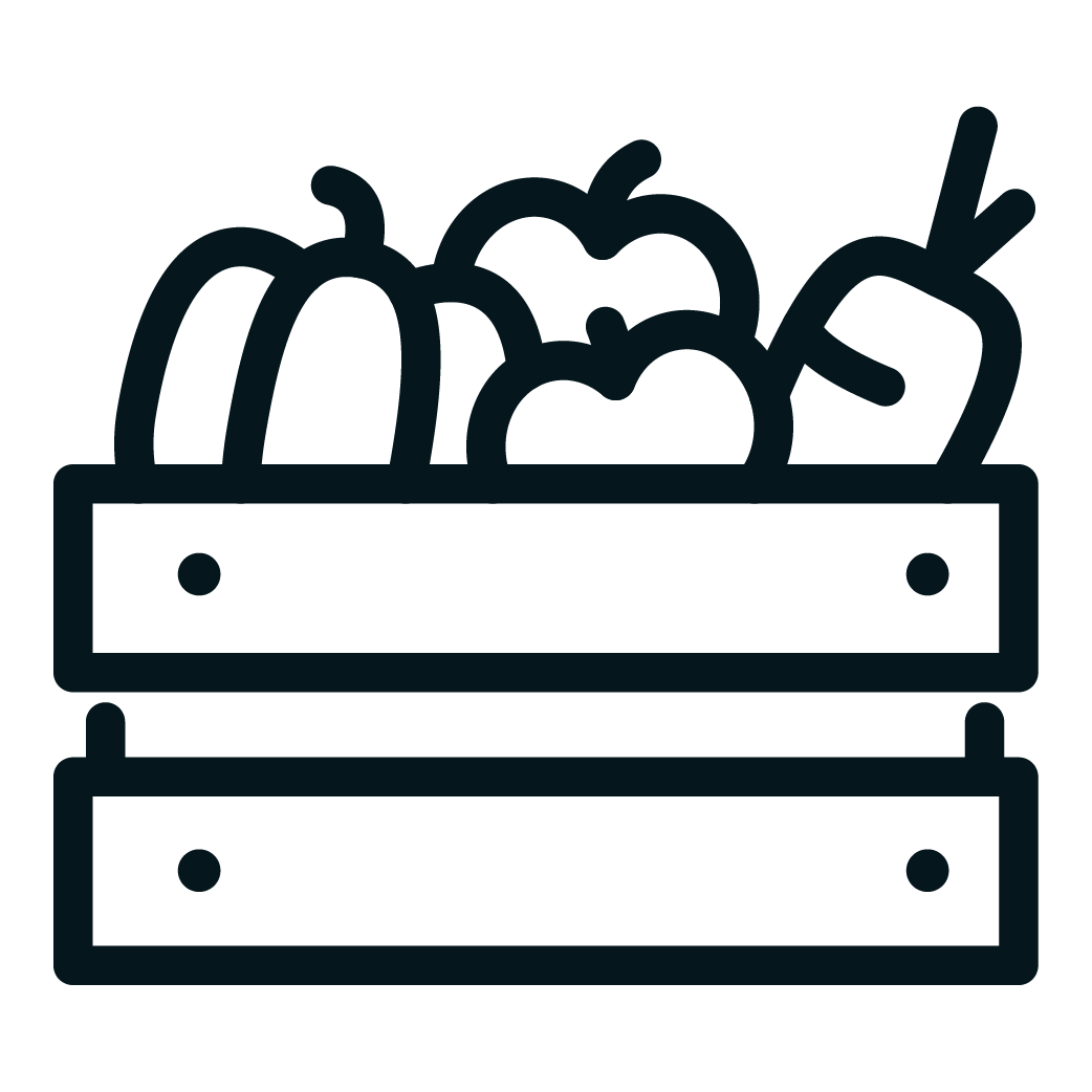 Outline illustration of a box filled with various fruits and vegetables.