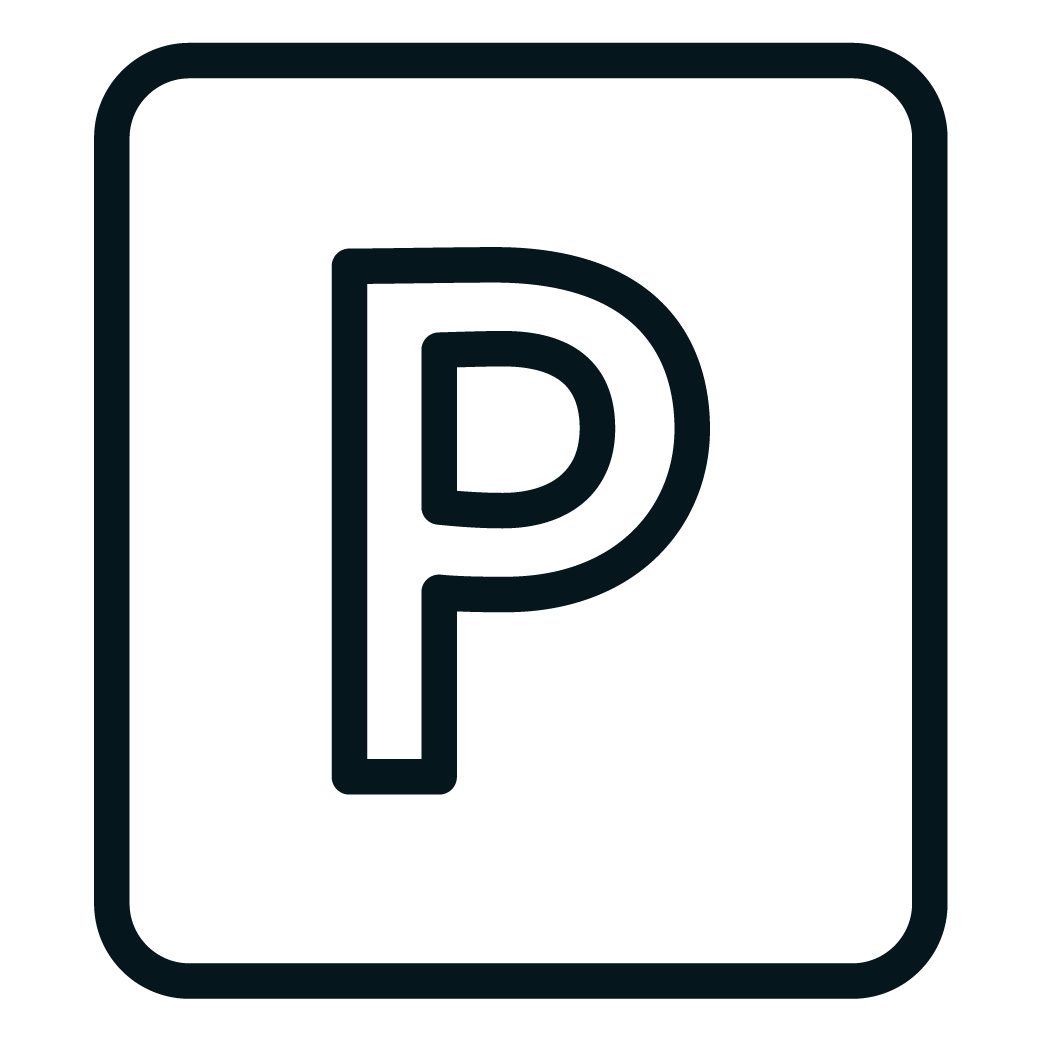 Parking sign with a large letter P inside a rectangular frame.