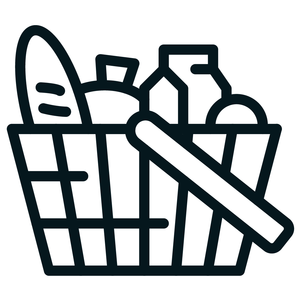 Outline of a shopping basket filled with groceries, including a loaf of bread, a bottle, and a shopping list with a pen.