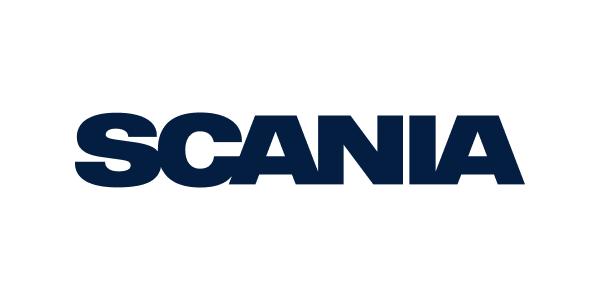 Scania logo in blue and black on a black background.