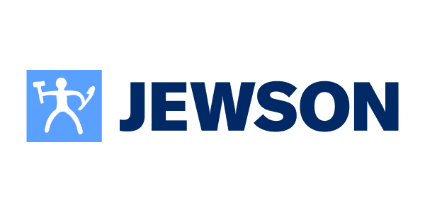 Logo of Jewson, a building materials supplier, featuring a blue square with a stylized white human figure holding a trowel, and the company name in bold letters.