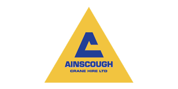 Triangular logo with a large blue letter A and yellow background, featuring the text 'AINSCOUGH CRANE HIRE LTD'.