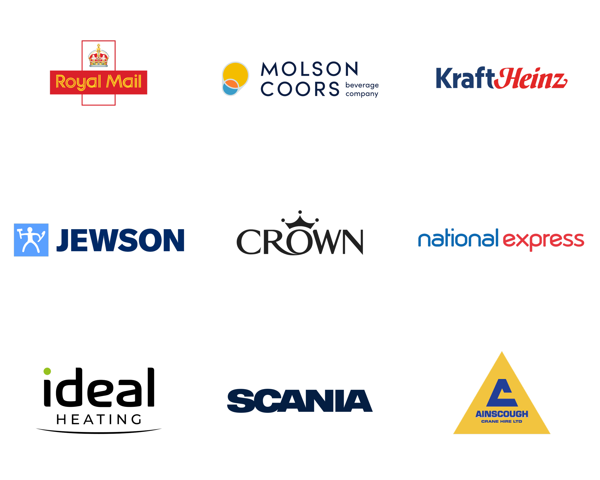 A black background with various logos of companies and brands, including Royal Mail, Molson Coors, Kraft Heinz, Jewson, Crown, National Express, and Ainscough Crane Hire Ltd.