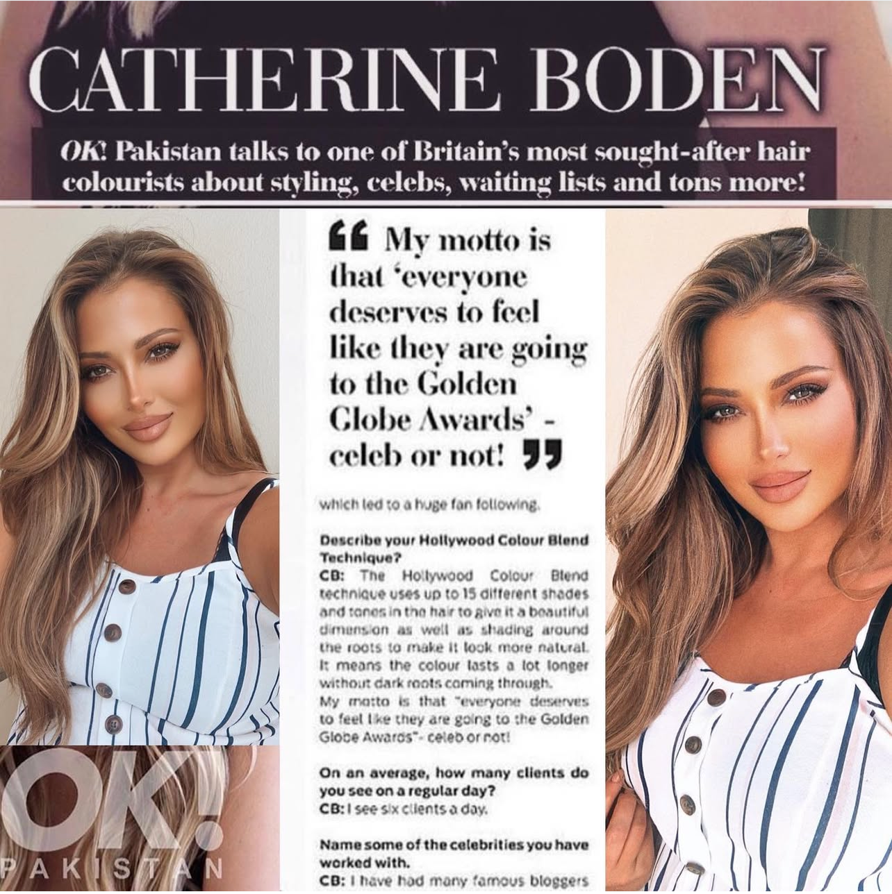 Image of a magazine interview with Catherine Boden, featuring two photos of her, one on the left and one on the right, with text about her beauty and styling techniques and her admiration for the Golden Globe Awards.