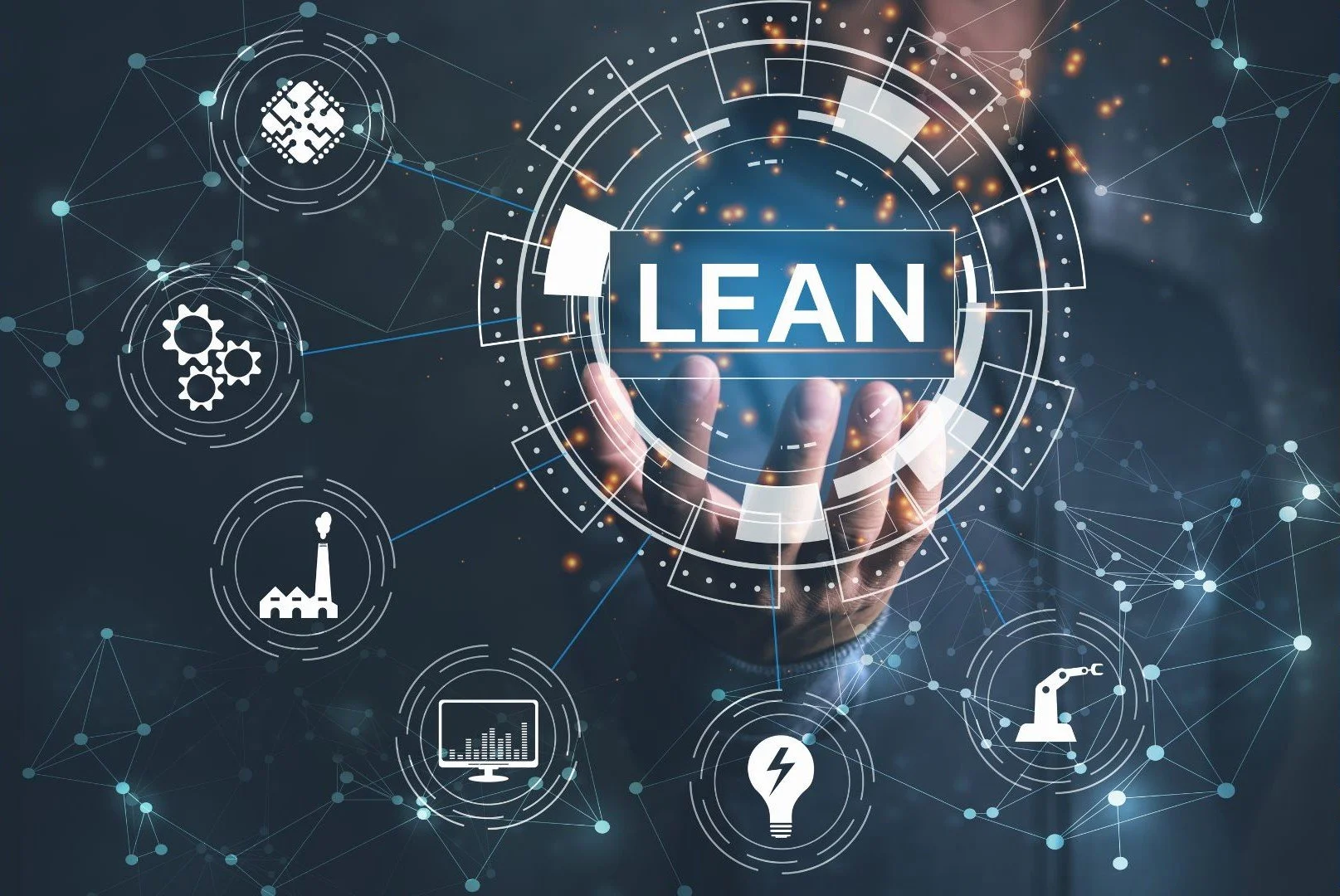 A digital illustration with the word 'LEAN' in the center, surrounded by interconnected icons representing technology, automation, data analysis, industrial processes, and innovation, with a person's hand reaching out.