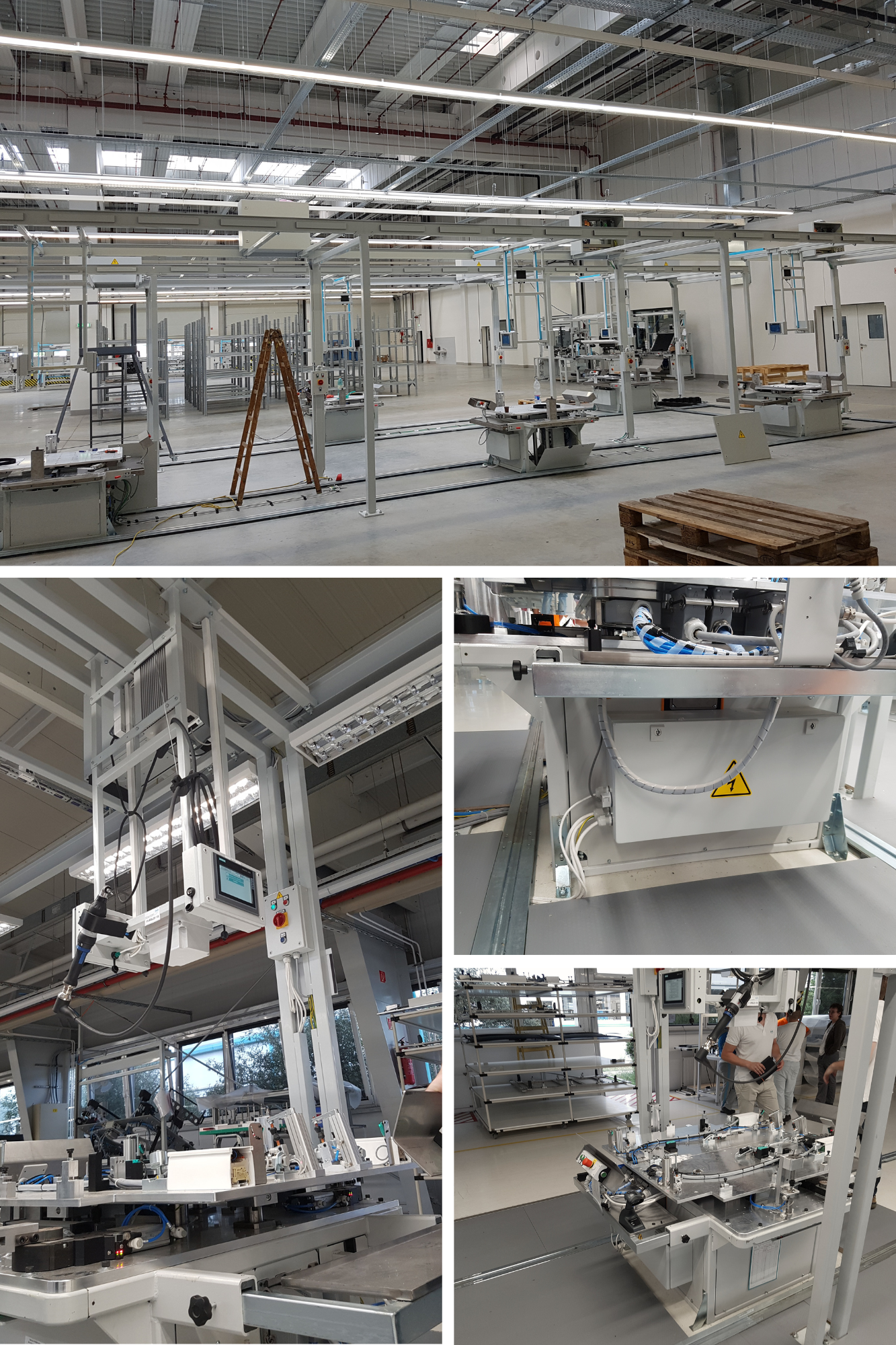 Photos of an industrial manufacturing or assembly facility with machinery, equipment, and workers assembling products.