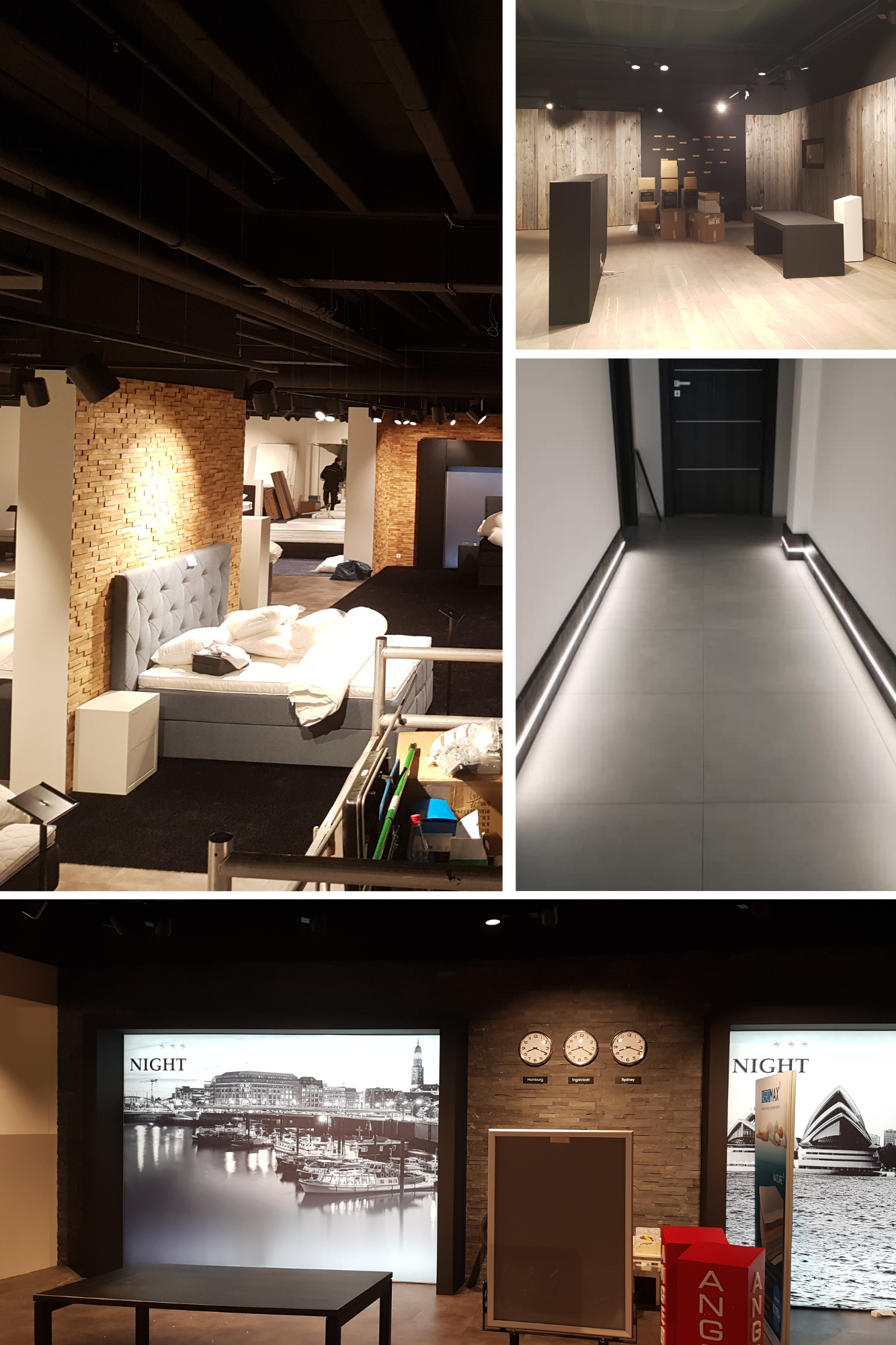 Collage of four photos showing an indoor furniture and decor store with beds, furniture displays, a hallway, and a cityscape mural with clocks.