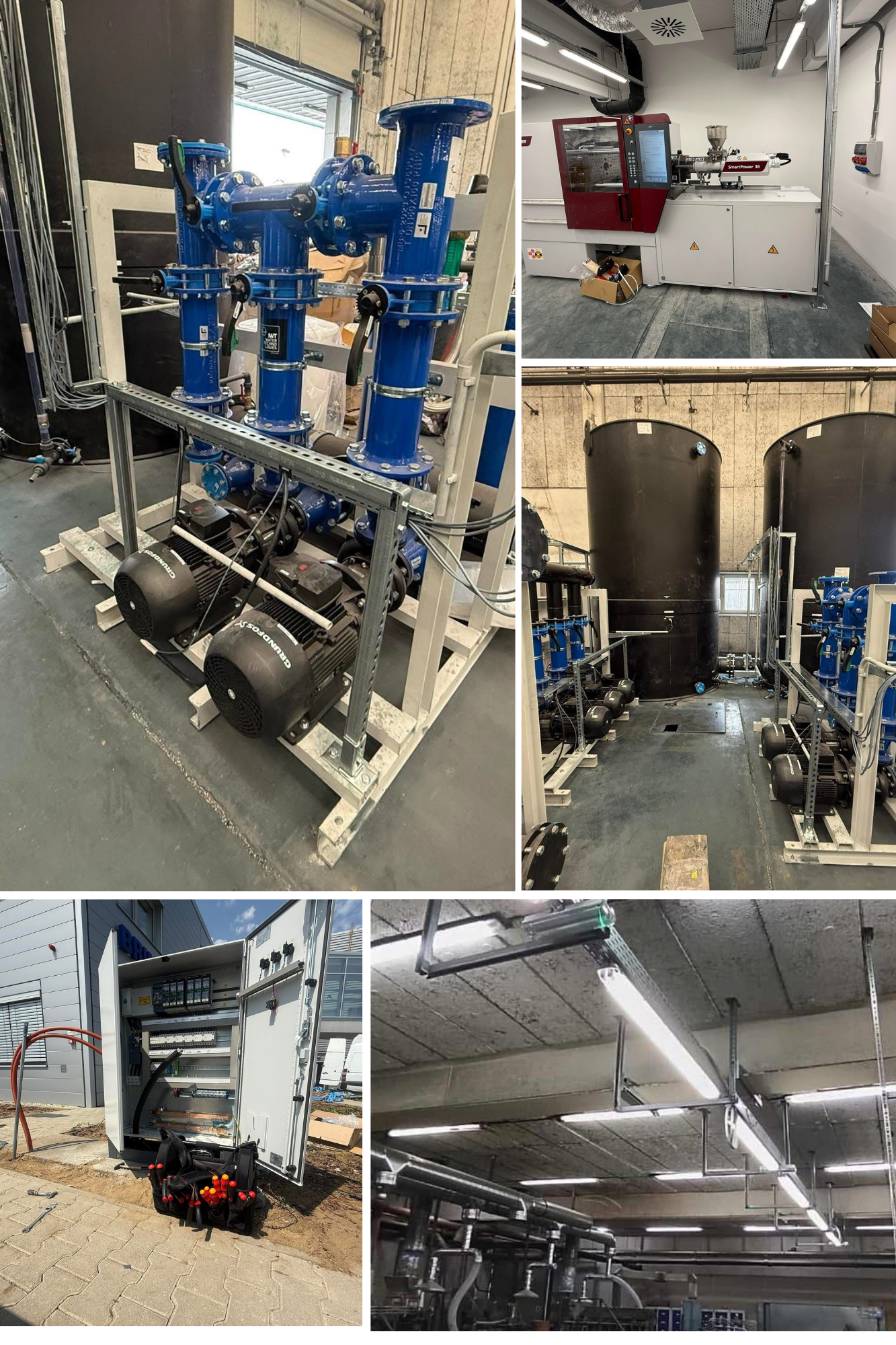 Collage of various industrial equipment and machinery, including pumps, water tanks, control panels, and electrical wiring in an industrial or manufacturing setting.